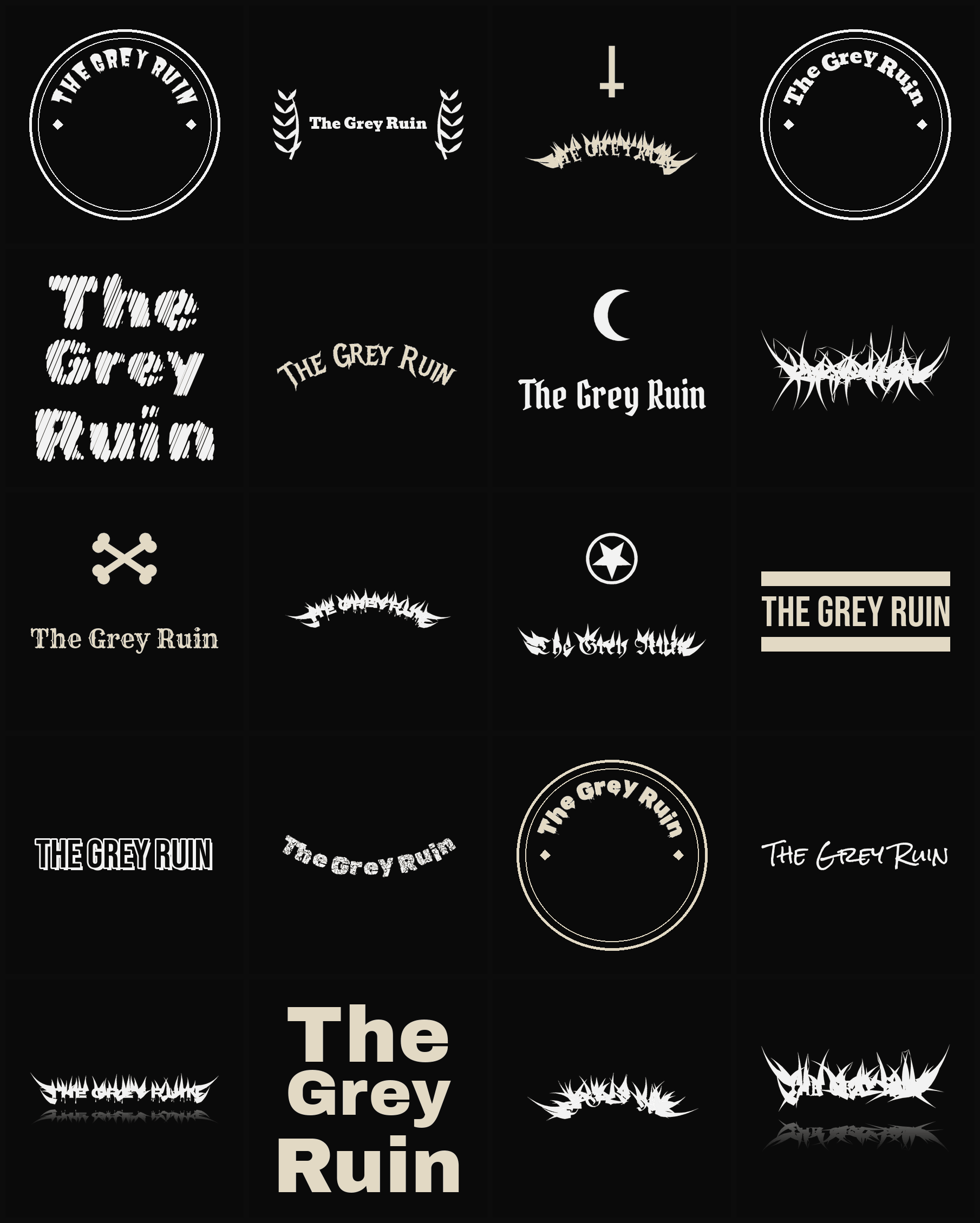 Twenty The Grey Ruin band logo ideas — different faces, treatments and spike settings