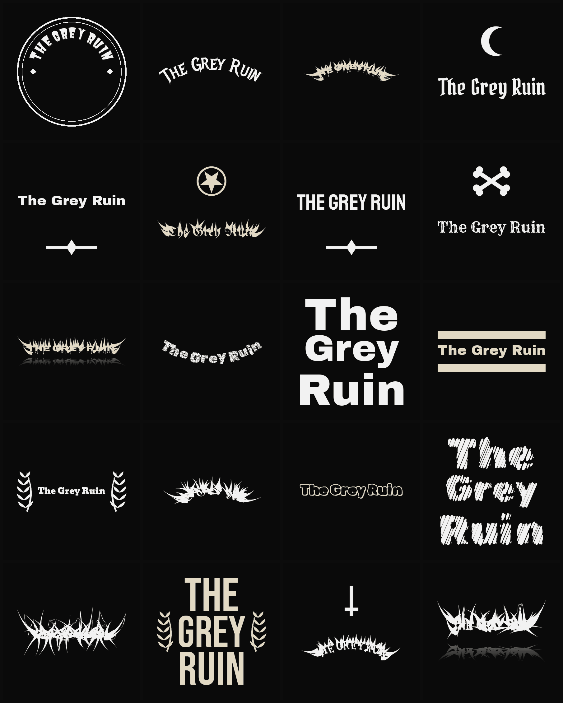 Twenty The Grey Ruin band logo ideas — different faces, treatments and spike settings