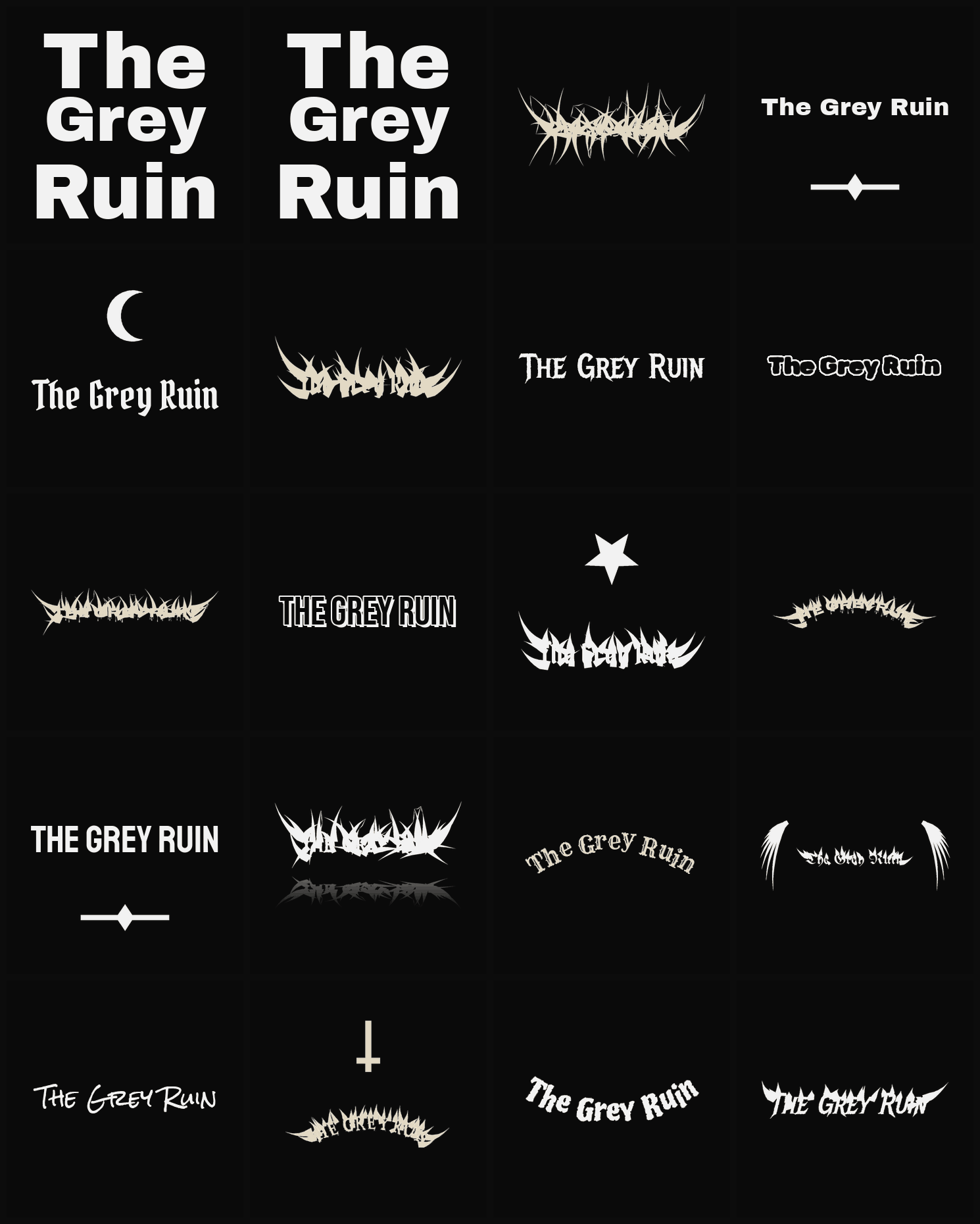Twenty The Grey Ruin band logo ideas — different faces, treatments and spike settings