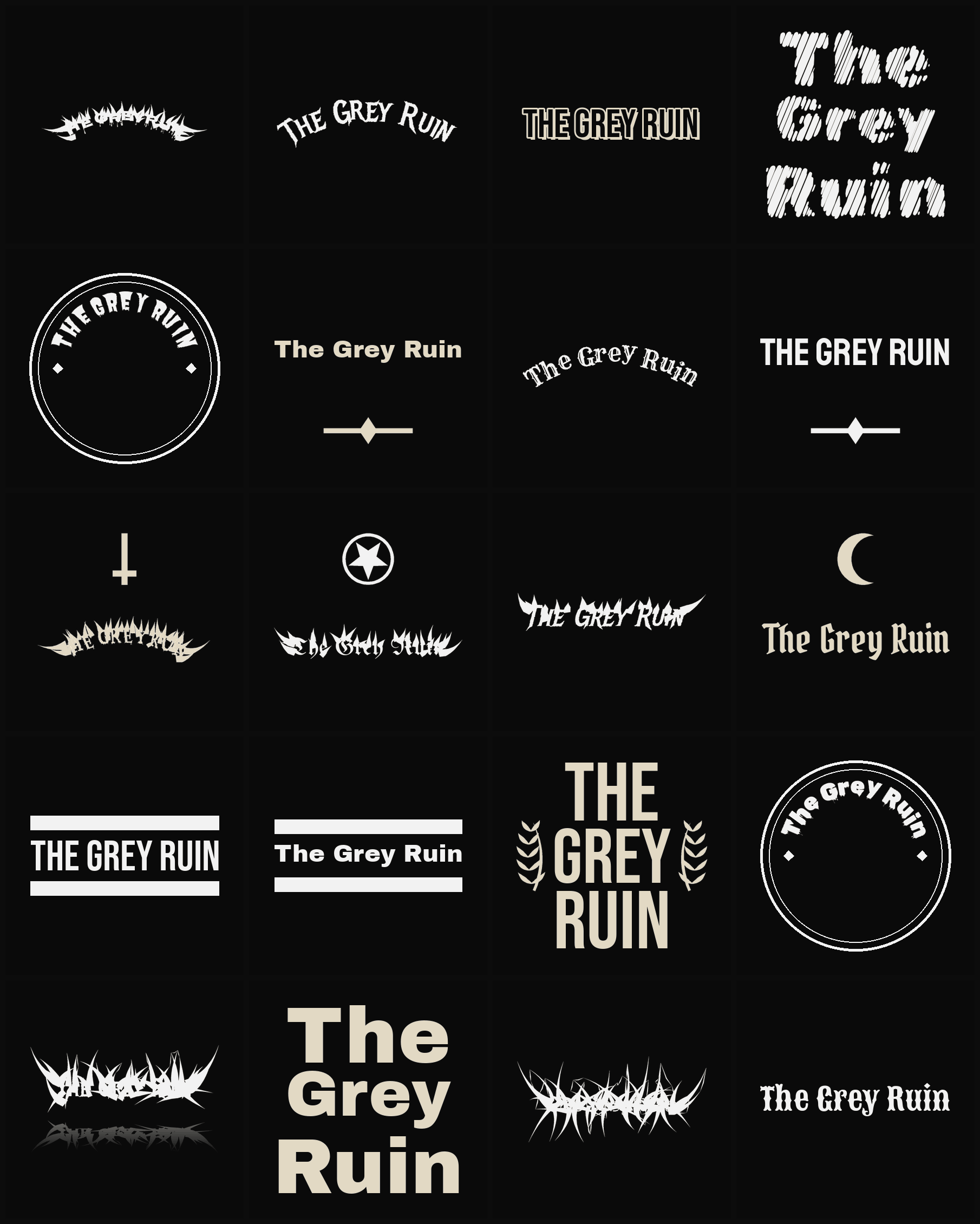 Twenty The Grey Ruin band logo ideas — different faces, treatments and spike settings