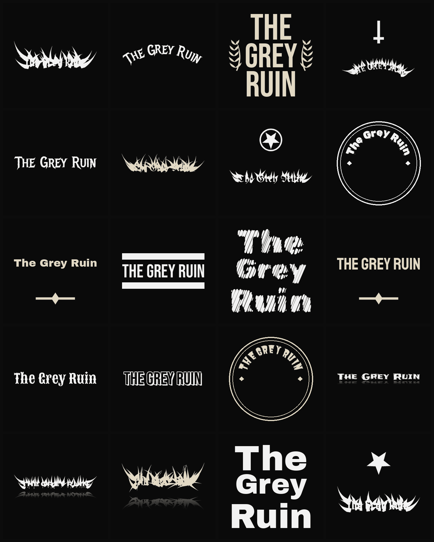 Twenty The Grey Ruin band logo ideas — different faces, treatments and spike settings