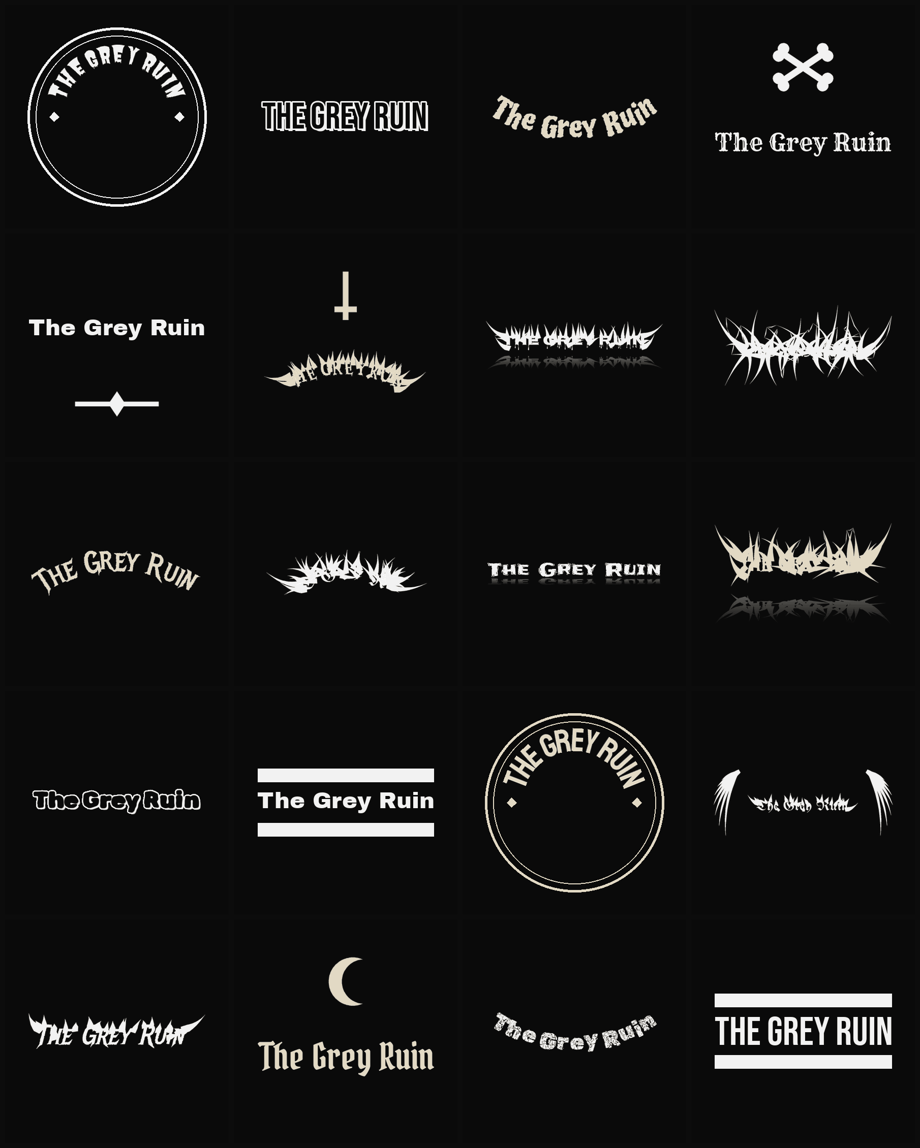 Twenty The Grey Ruin band logo ideas — different faces, treatments and spike settings