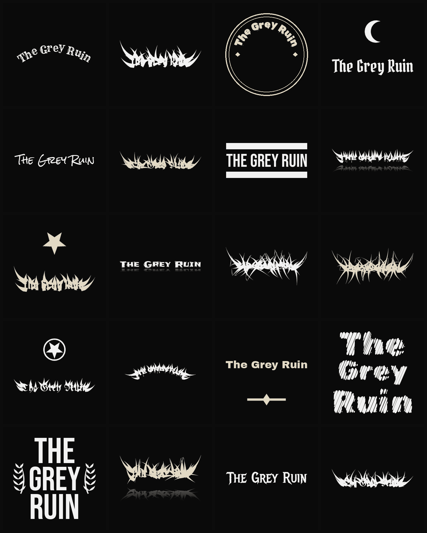 Twenty The Grey Ruin band logo ideas — different faces, treatments and spike settings