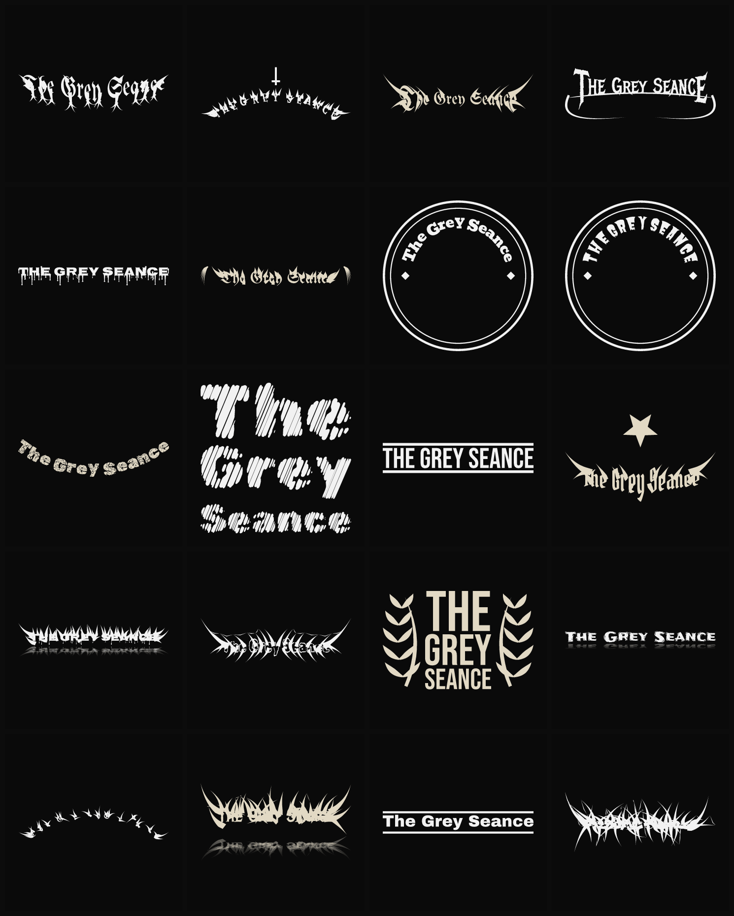 Twenty The Grey Seance band logo ideas — different faces, treatments and spike settings