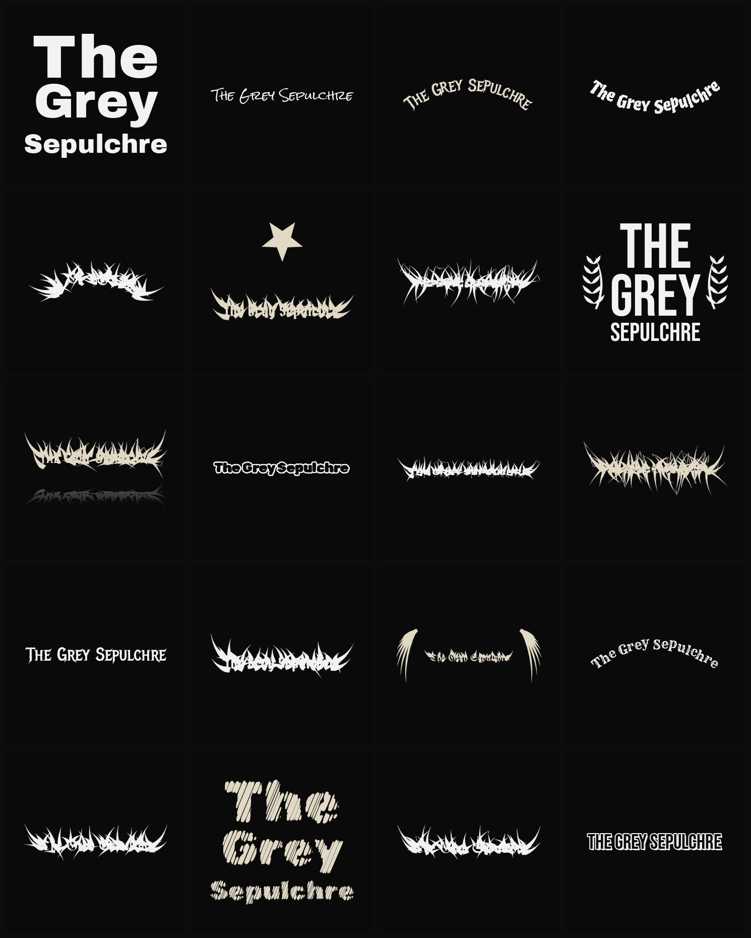 Twenty The Grey Sepulchre band logo ideas — different faces, treatments and spike settings