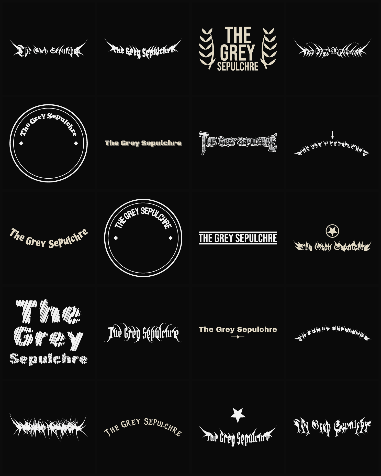 Twenty The Grey Sepulchre band logo ideas — different faces, treatments and spike settings