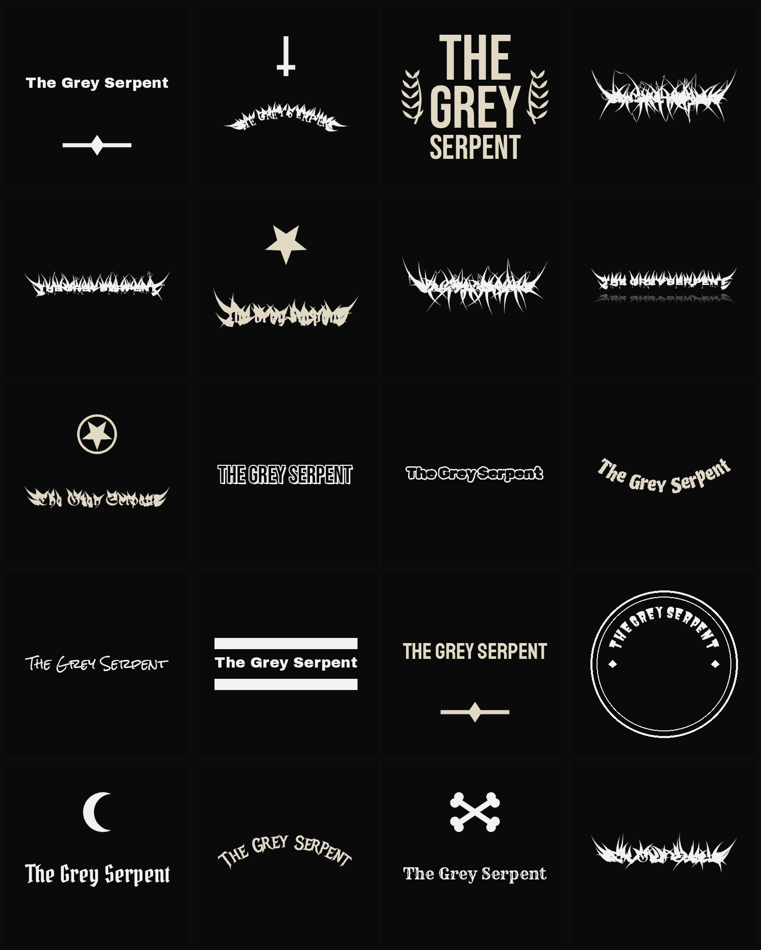 Twenty The Grey Serpent band logo ideas — different faces, treatments and spike settings