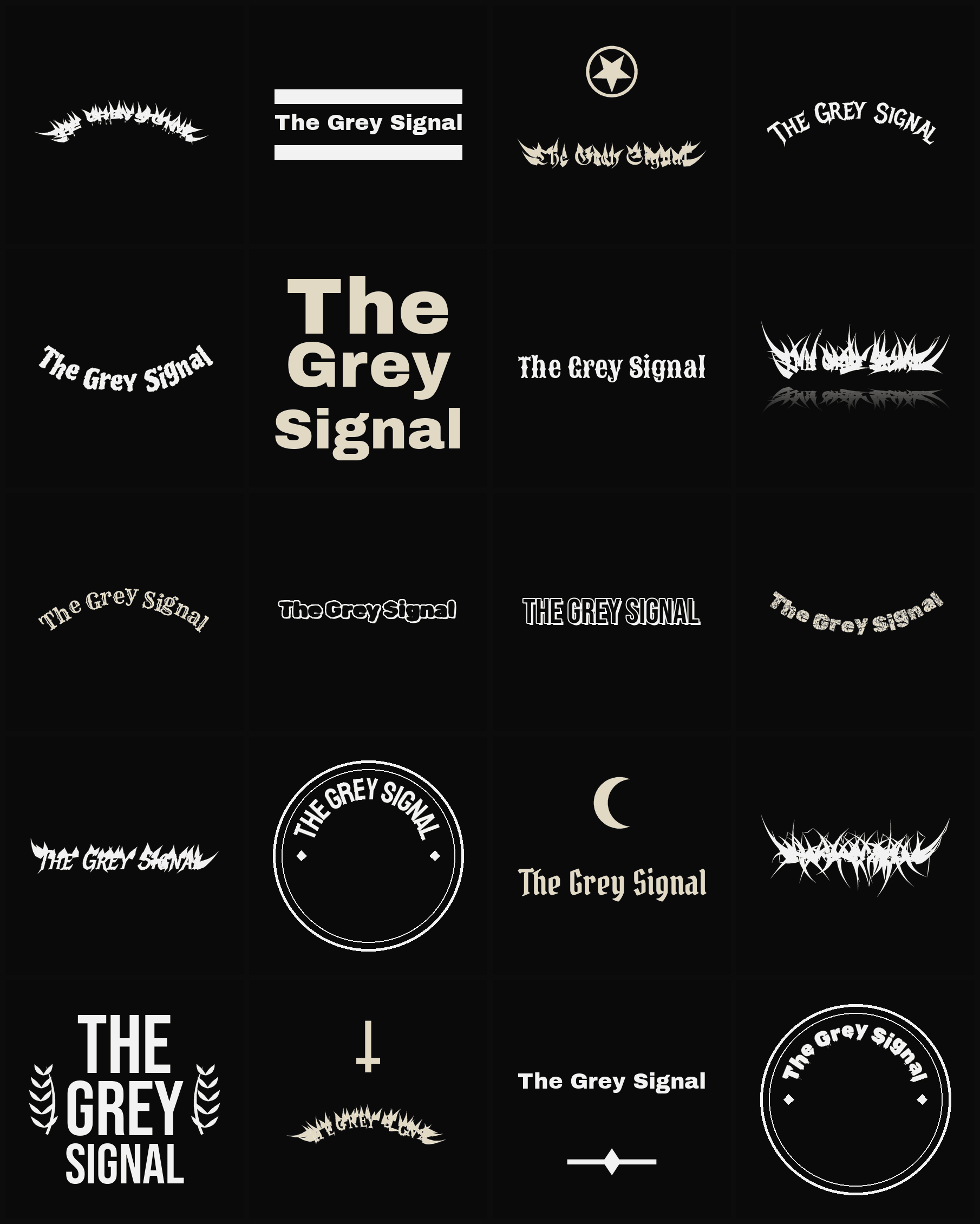 Twenty The Grey Signal band logo ideas — different faces, treatments and spike settings