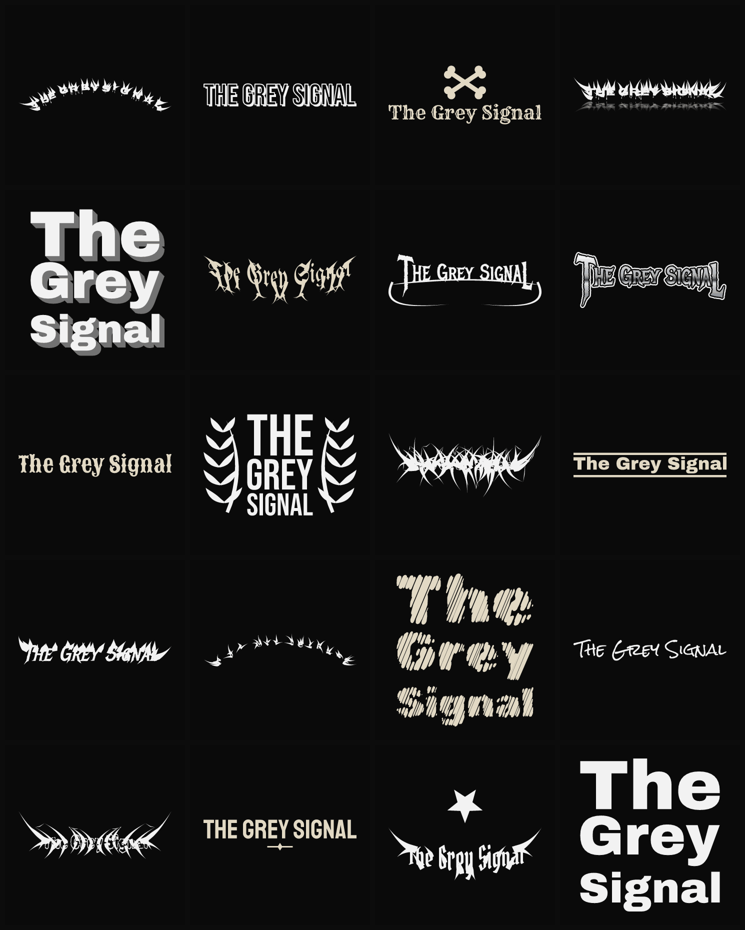 Twenty The Grey Signal band logo ideas — different faces, treatments and spike settings