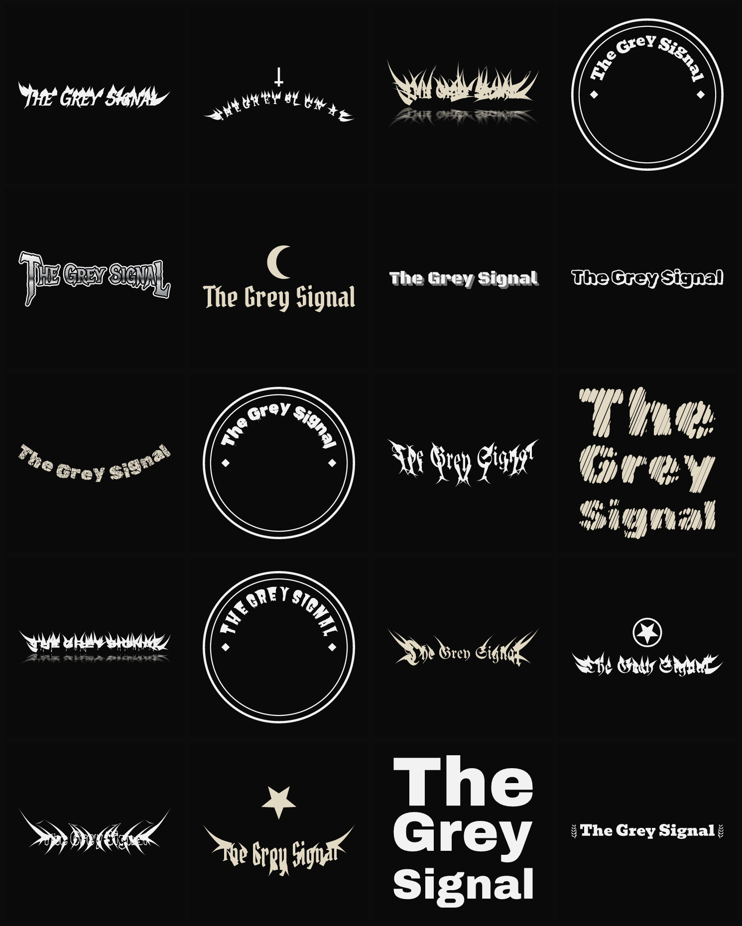Twenty The Grey Signal band logo ideas — different faces, treatments and spike settings