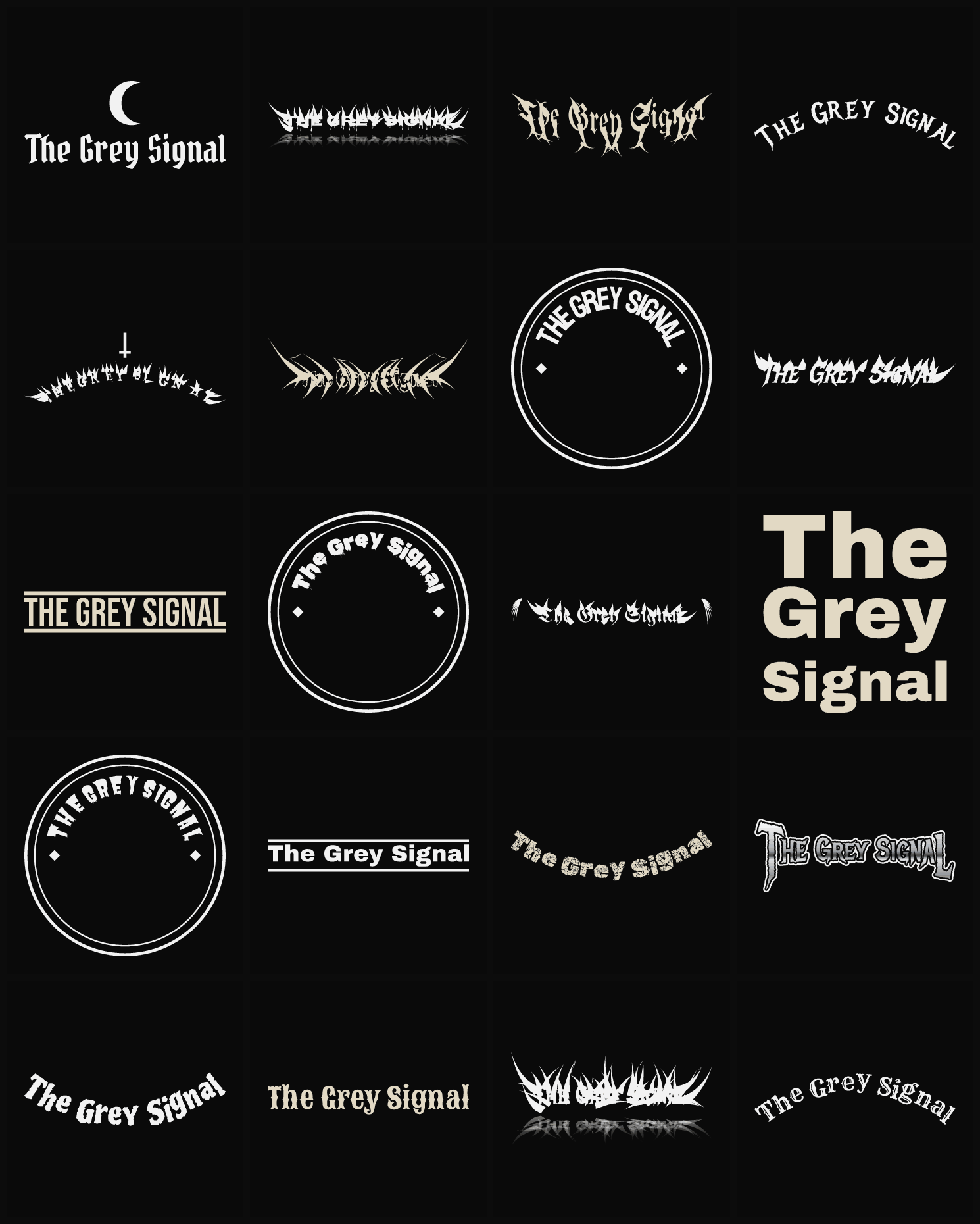 Twenty The Grey Signal band logo ideas — different faces, treatments and spike settings