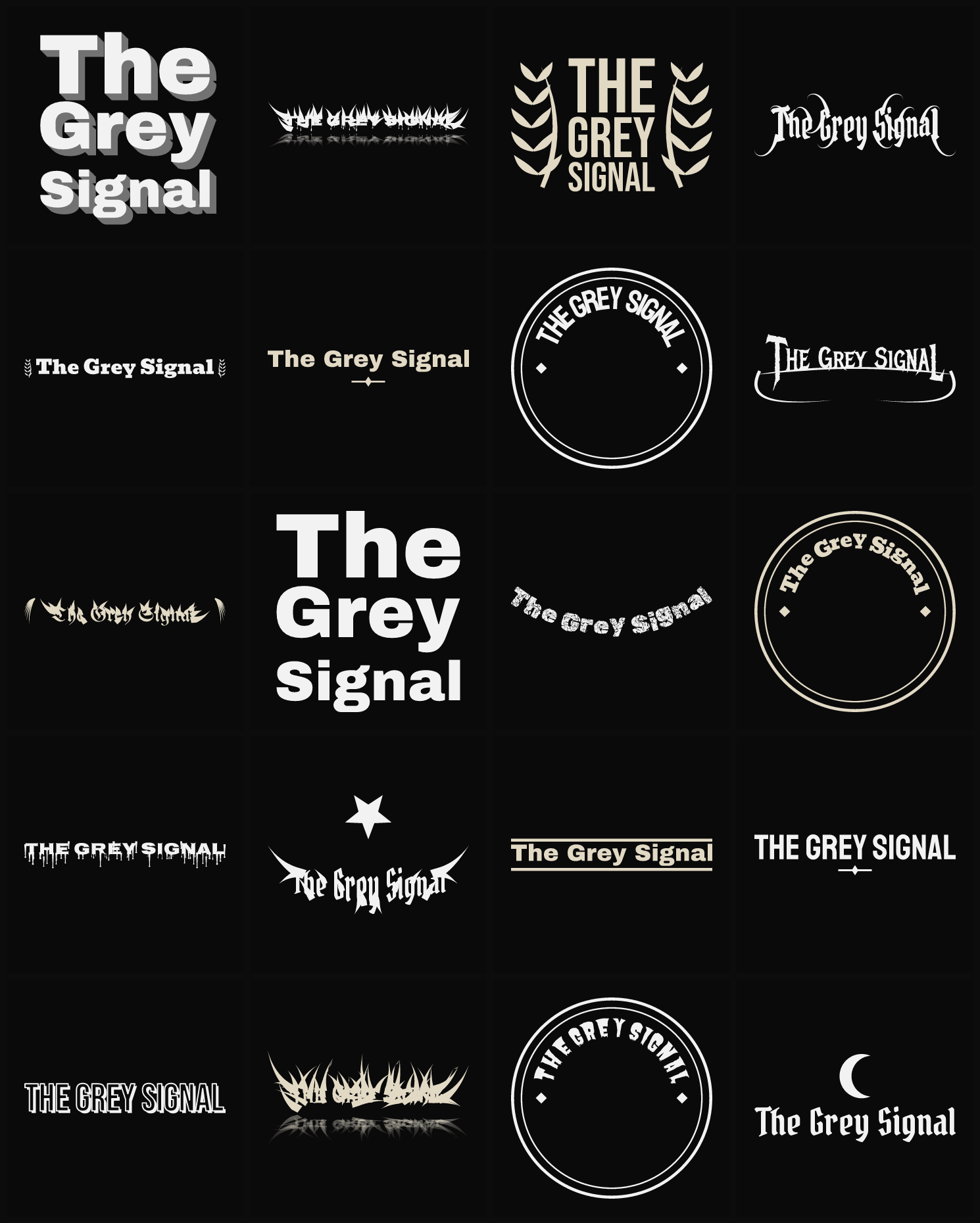 Twenty The Grey Signal band logo ideas — different faces, treatments and spike settings