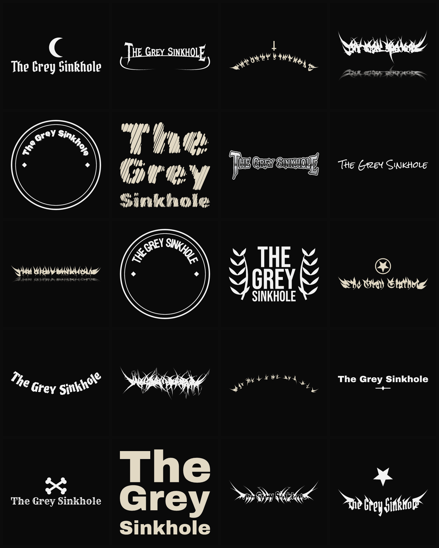Twenty The Grey Sinkhole band logo ideas — different faces, treatments and spike settings