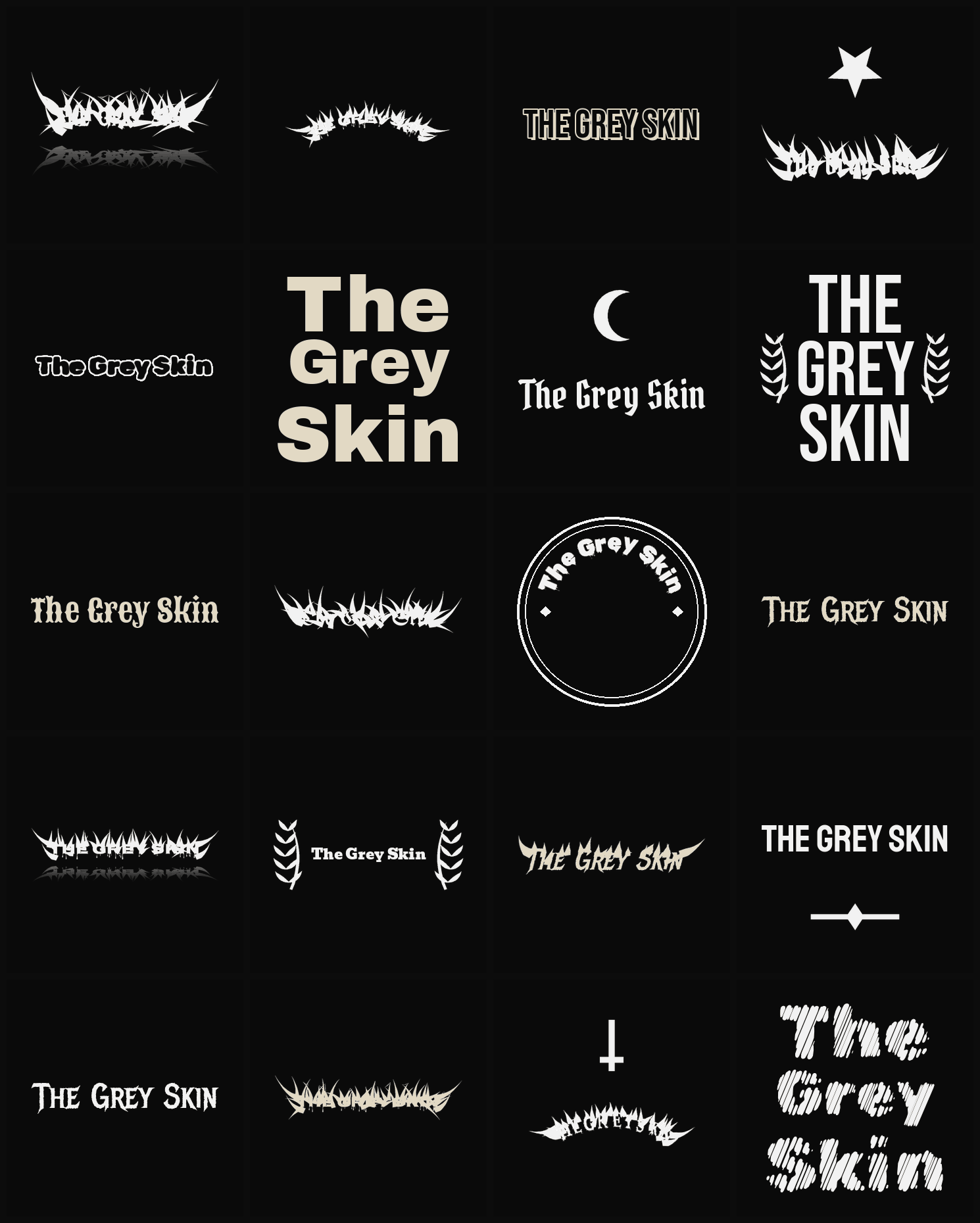 Twenty The Grey Skin band logo ideas — different faces, treatments and spike settings
