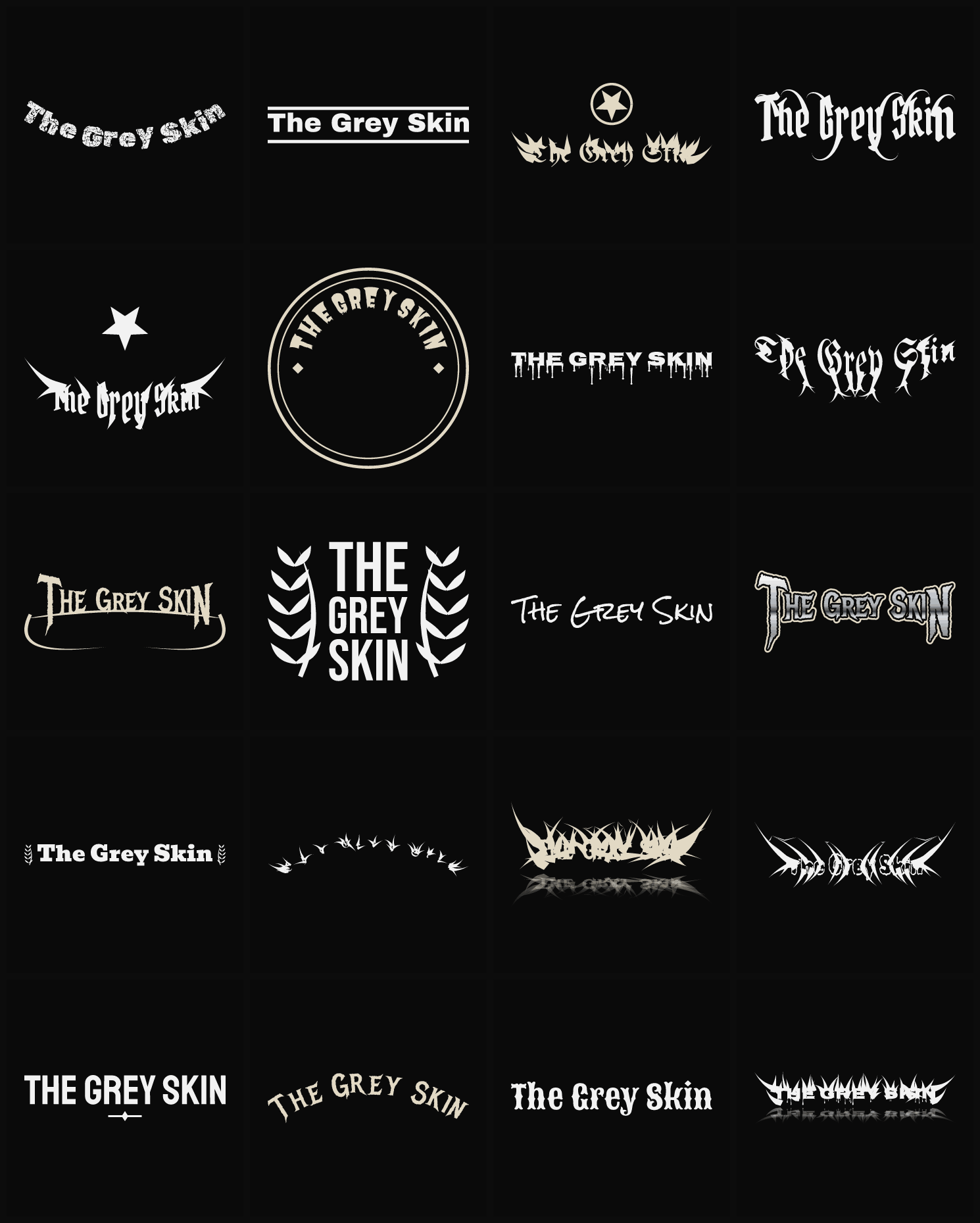 Twenty The Grey Skin band logo ideas — different faces, treatments and spike settings