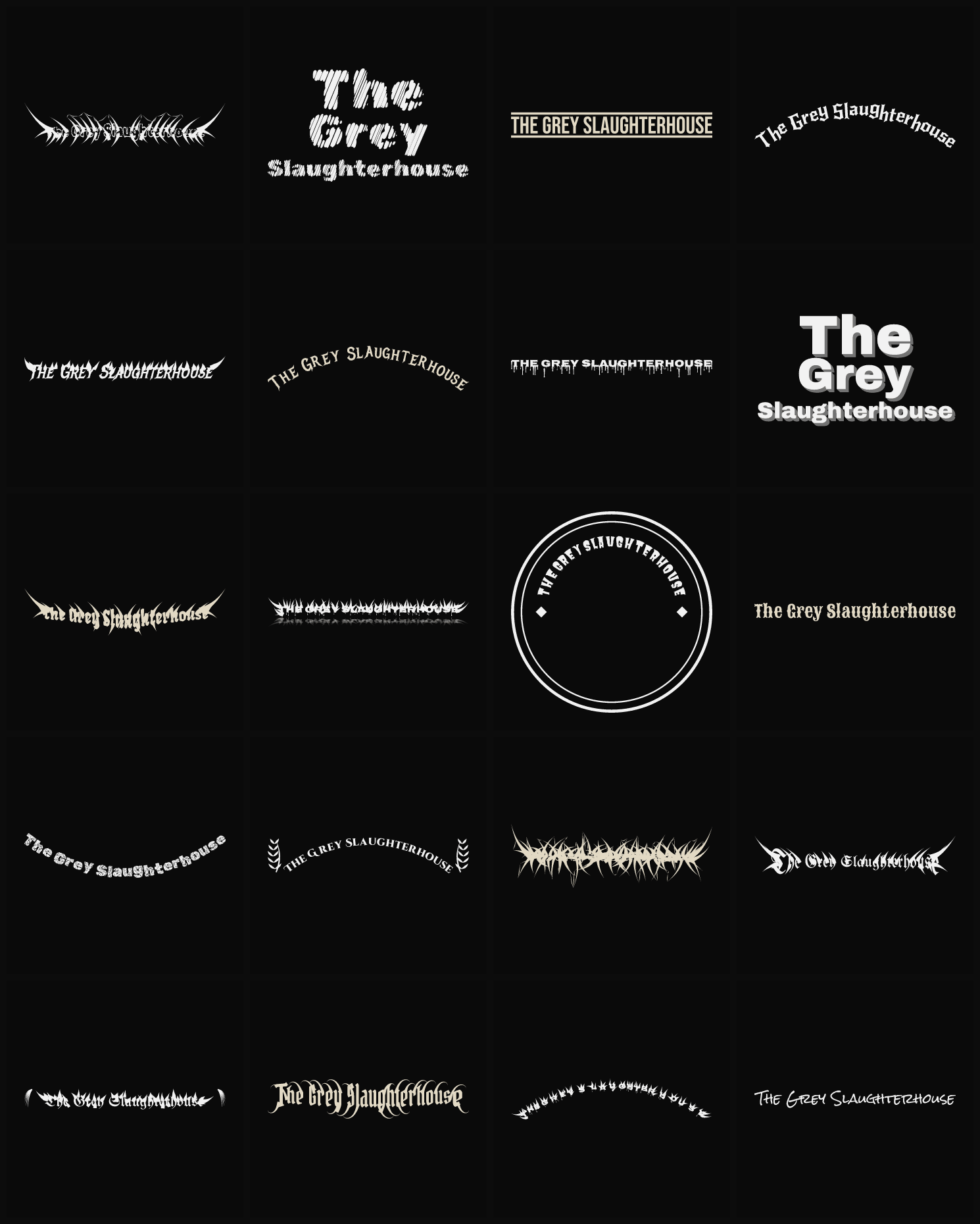 Twenty The Grey Slaughterhouse band logo ideas — different faces, treatments and spike settings