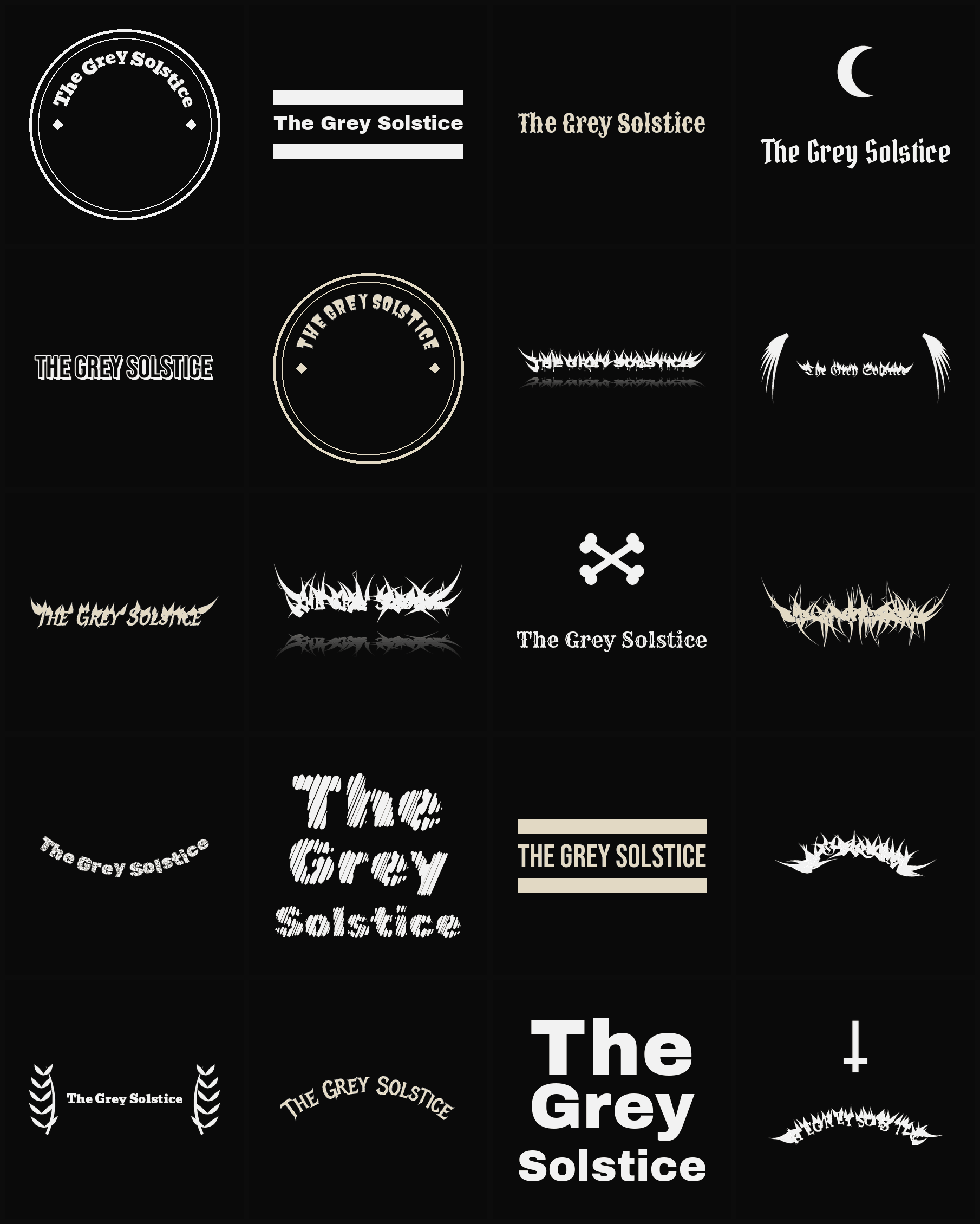 Twenty The Grey Solstice band logo ideas — different faces, treatments and spike settings