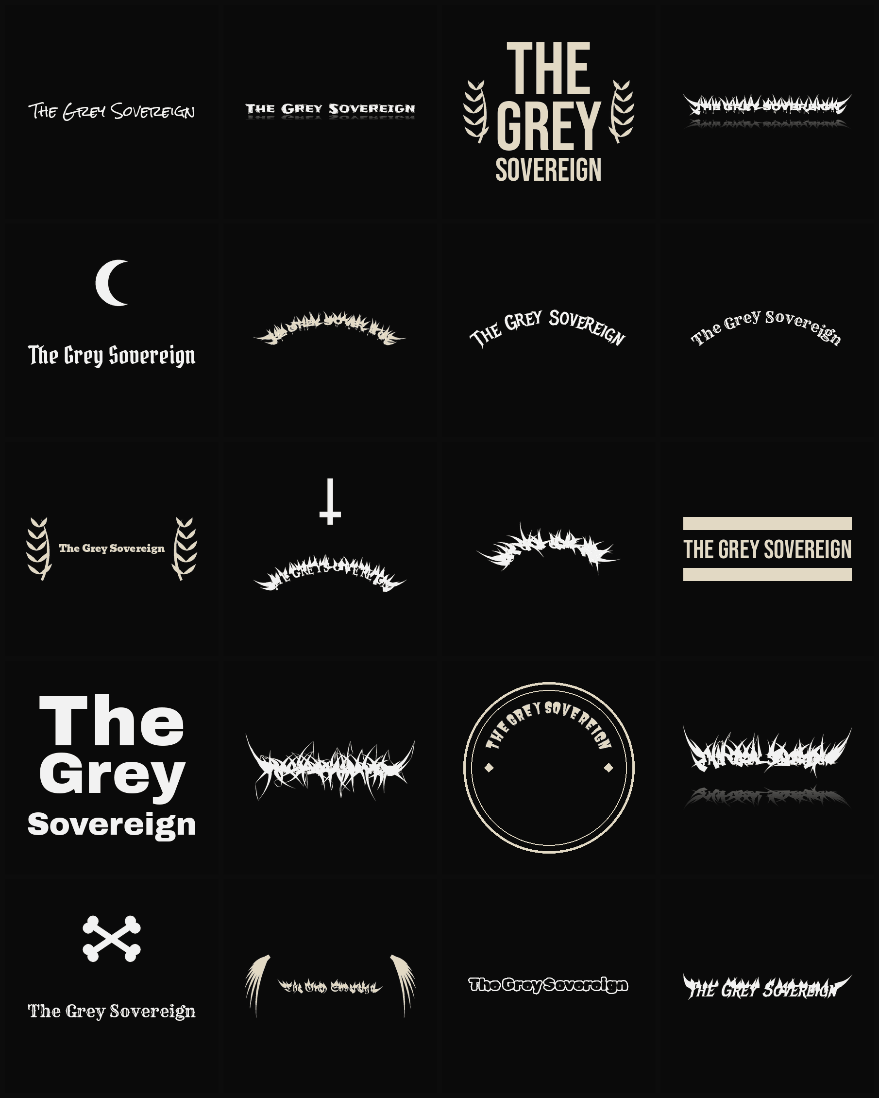 Twenty The Grey Sovereign band logo ideas — different faces, treatments and spike settings