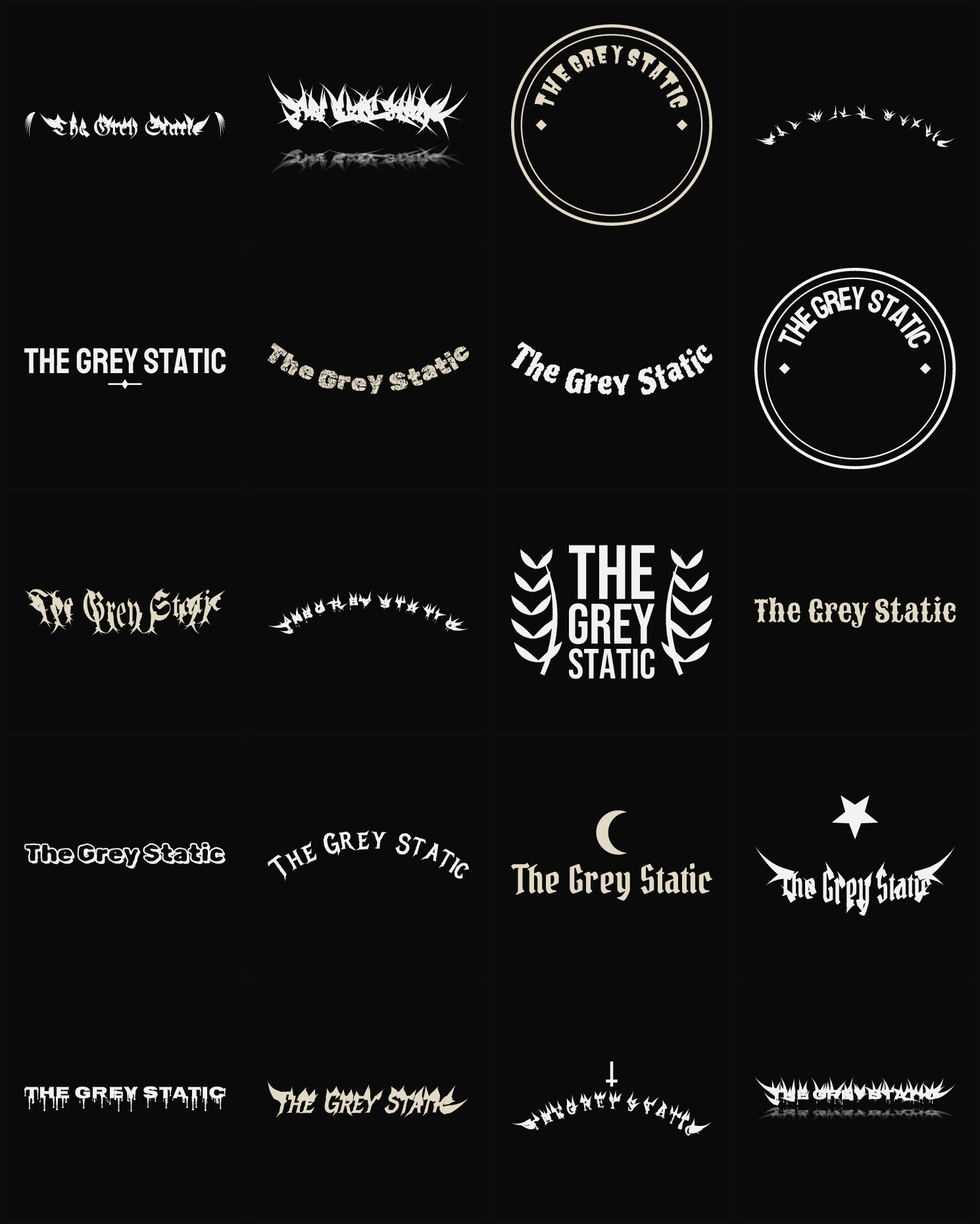 Twenty The Grey Static band logo ideas — different faces, treatments and spike settings