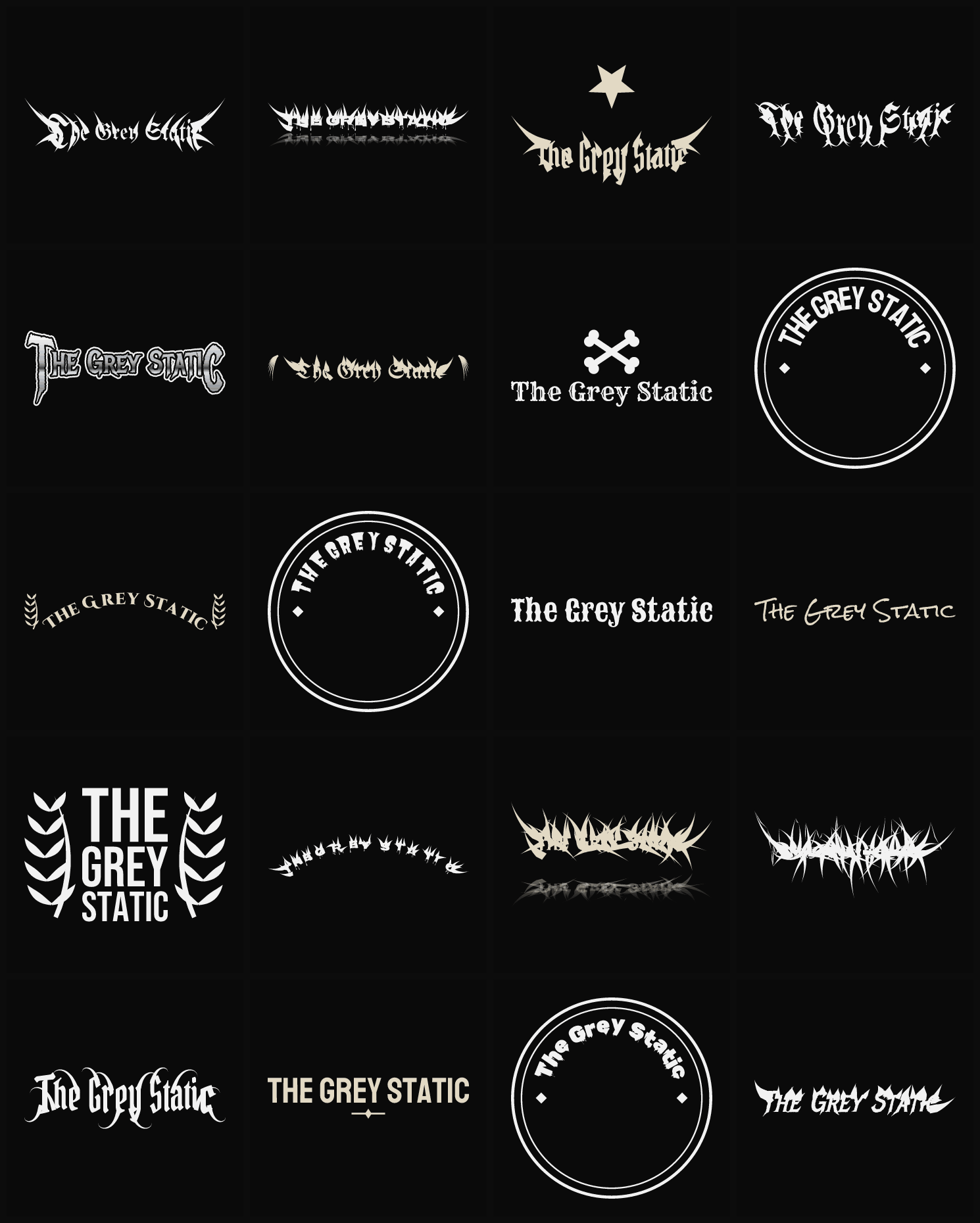 Twenty The Grey Static band logo ideas — different faces, treatments and spike settings