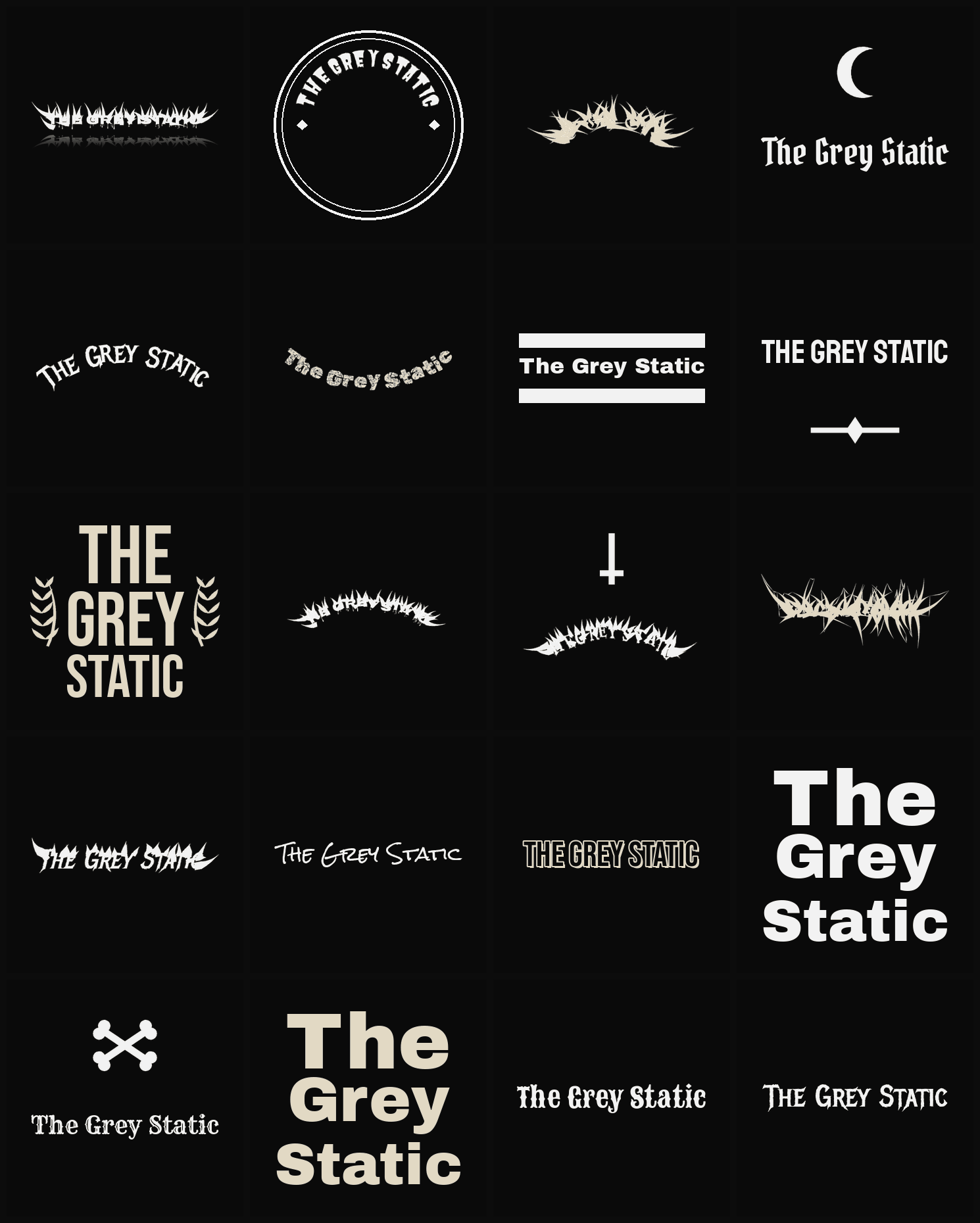 Twenty The Grey Static band logo ideas — different faces, treatments and spike settings