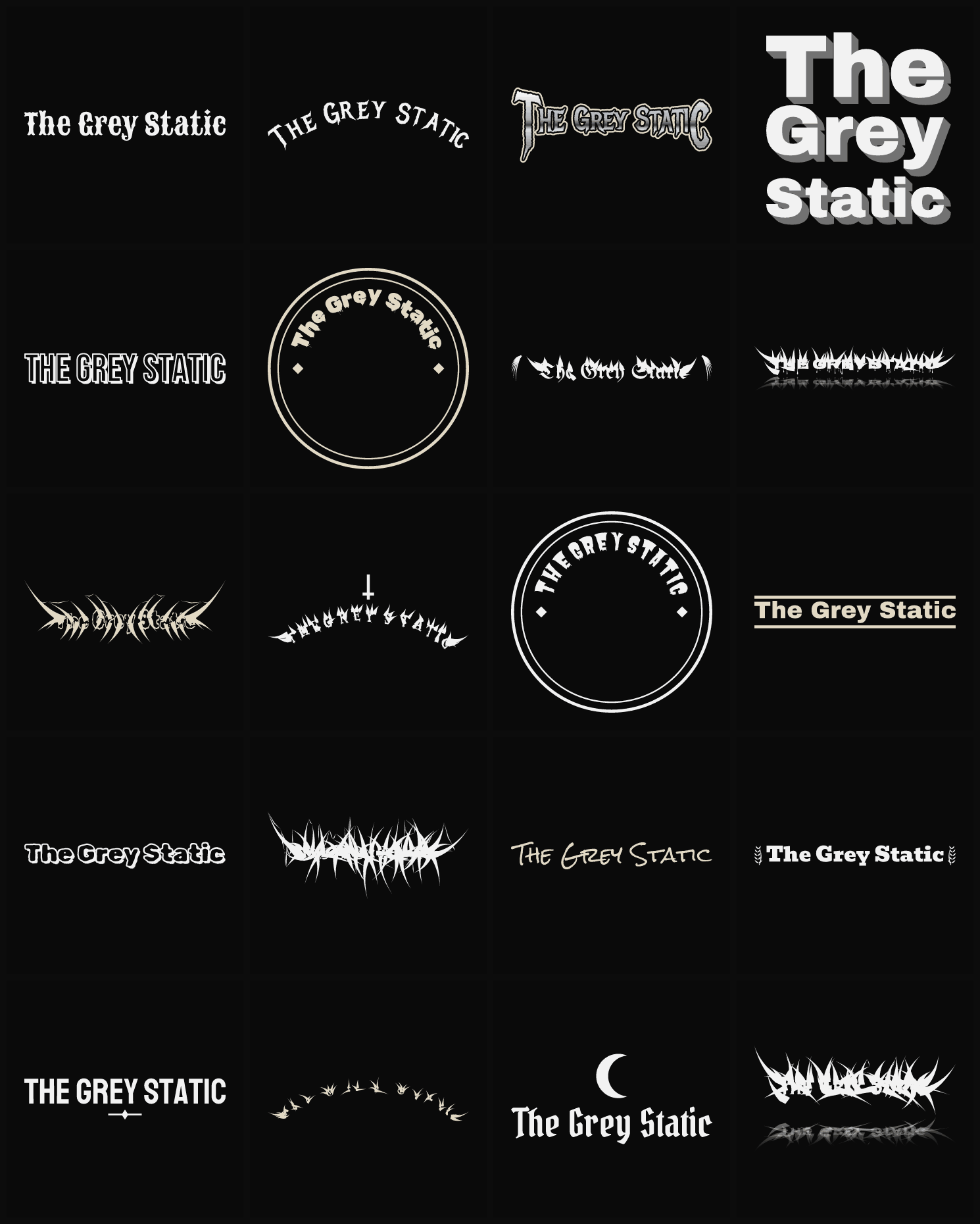 Twenty The Grey Static band logo ideas — different faces, treatments and spike settings