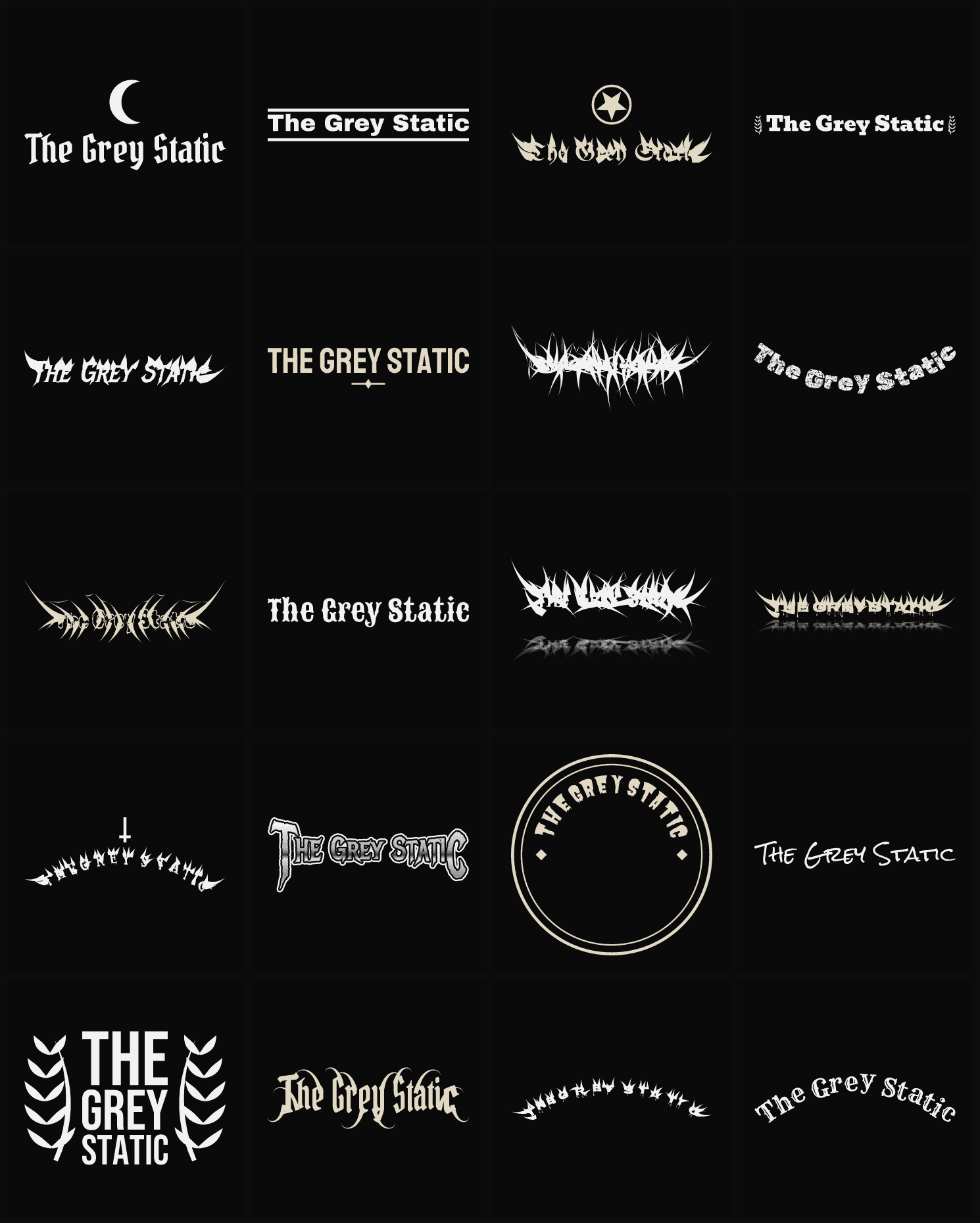 Twenty The Grey Static band logo ideas — different faces, treatments and spike settings