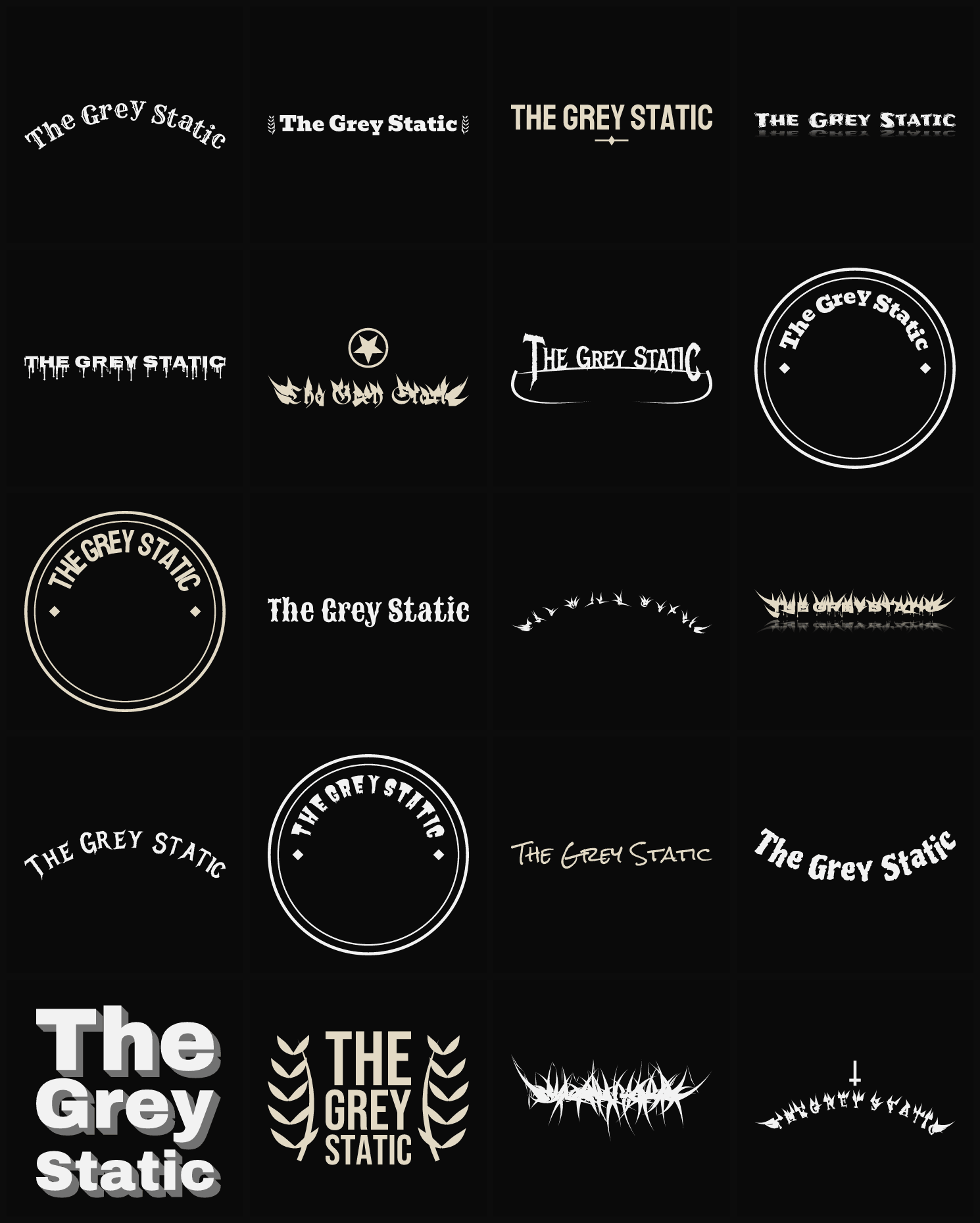 Twenty The Grey Static band logo ideas — different faces, treatments and spike settings