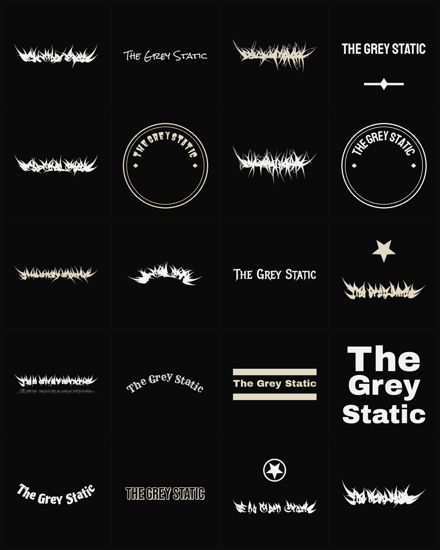 Twenty The Grey Static band logo ideas — different faces, treatments and spike settings
