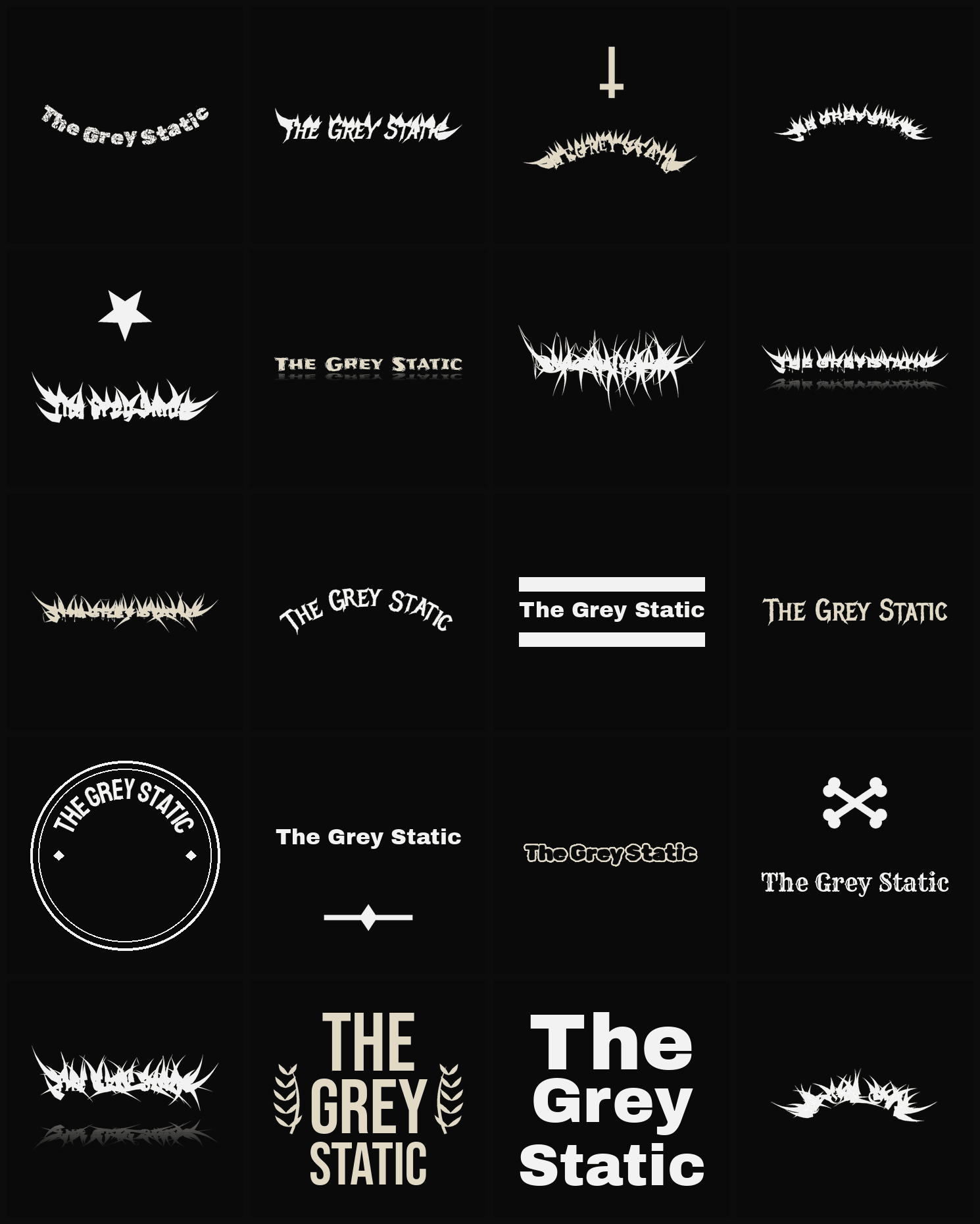 Twenty The Grey Static band logo ideas — different faces, treatments and spike settings