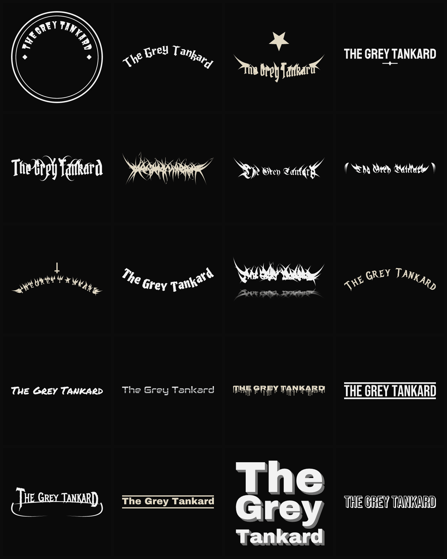 Twenty The Grey Tankard band logo ideas — different faces, treatments and spike settings