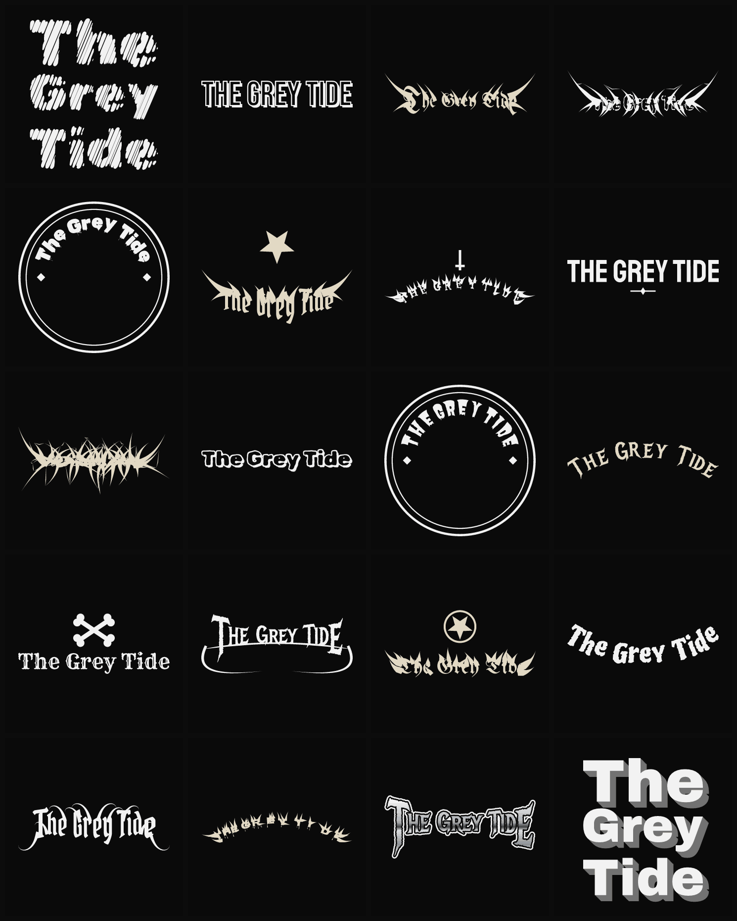 Twenty The Grey Tide band logo ideas — different faces, treatments and spike settings