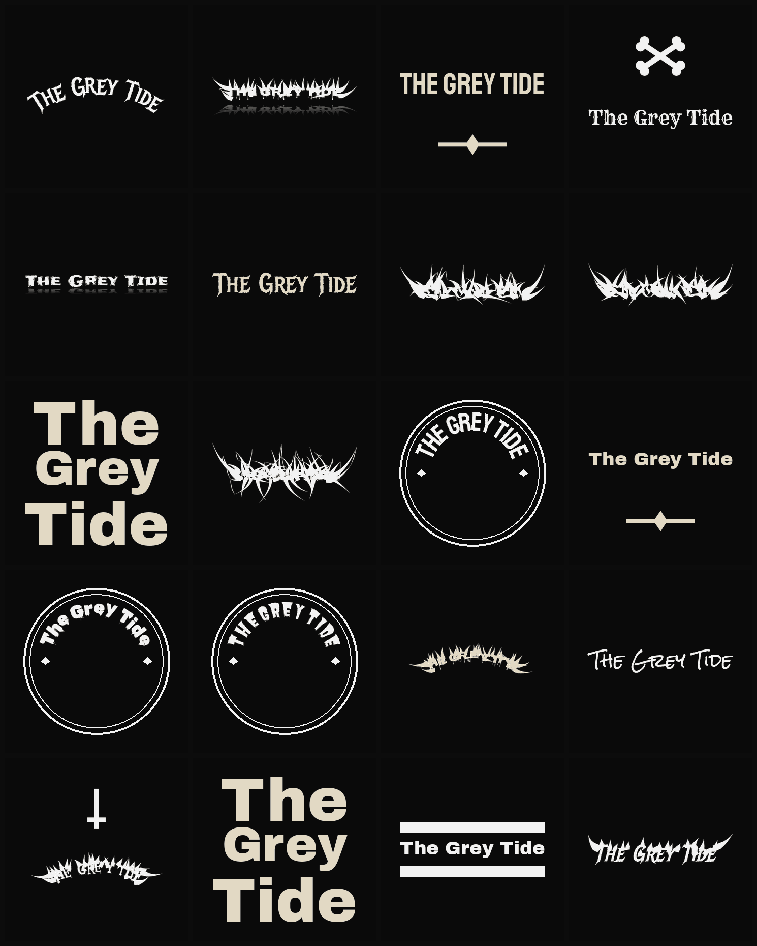Twenty The Grey Tide band logo ideas — different faces, treatments and spike settings