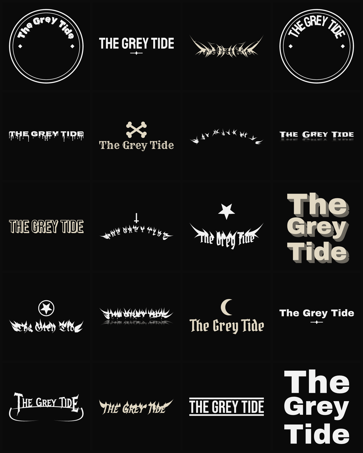 Twenty The Grey Tide band logo ideas — different faces, treatments and spike settings