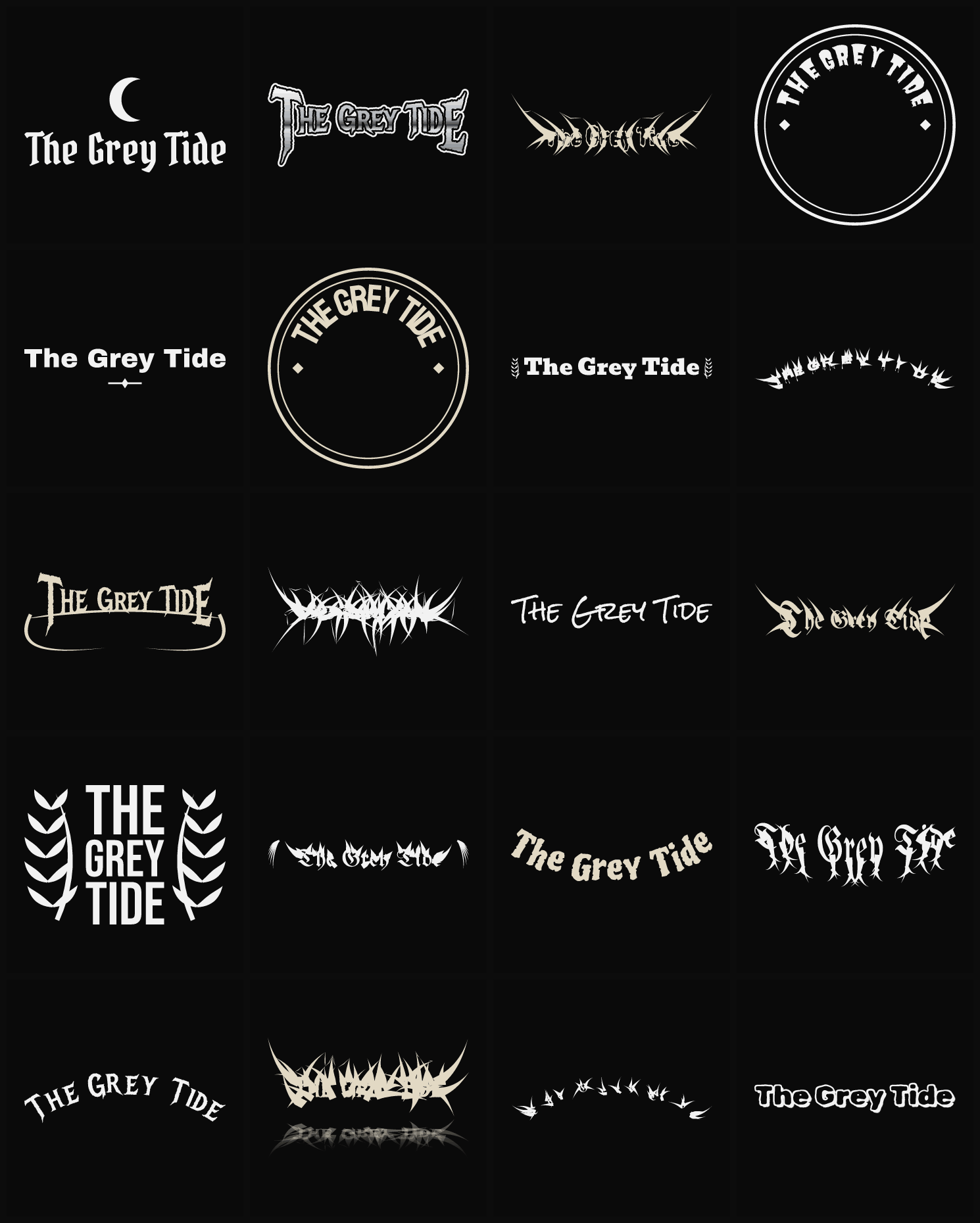 Twenty The Grey Tide band logo ideas — different faces, treatments and spike settings