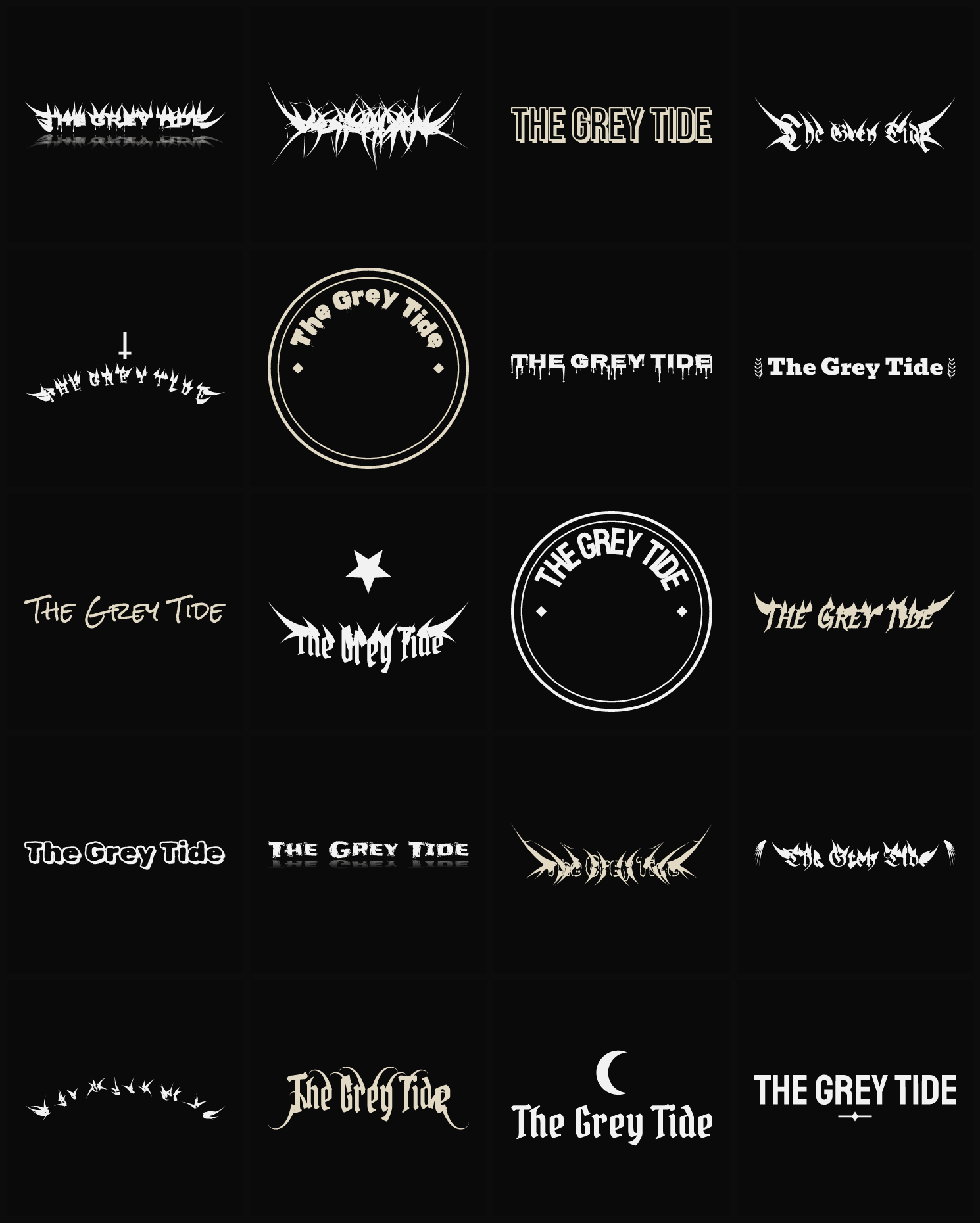 Twenty The Grey Tide band logo ideas — different faces, treatments and spike settings