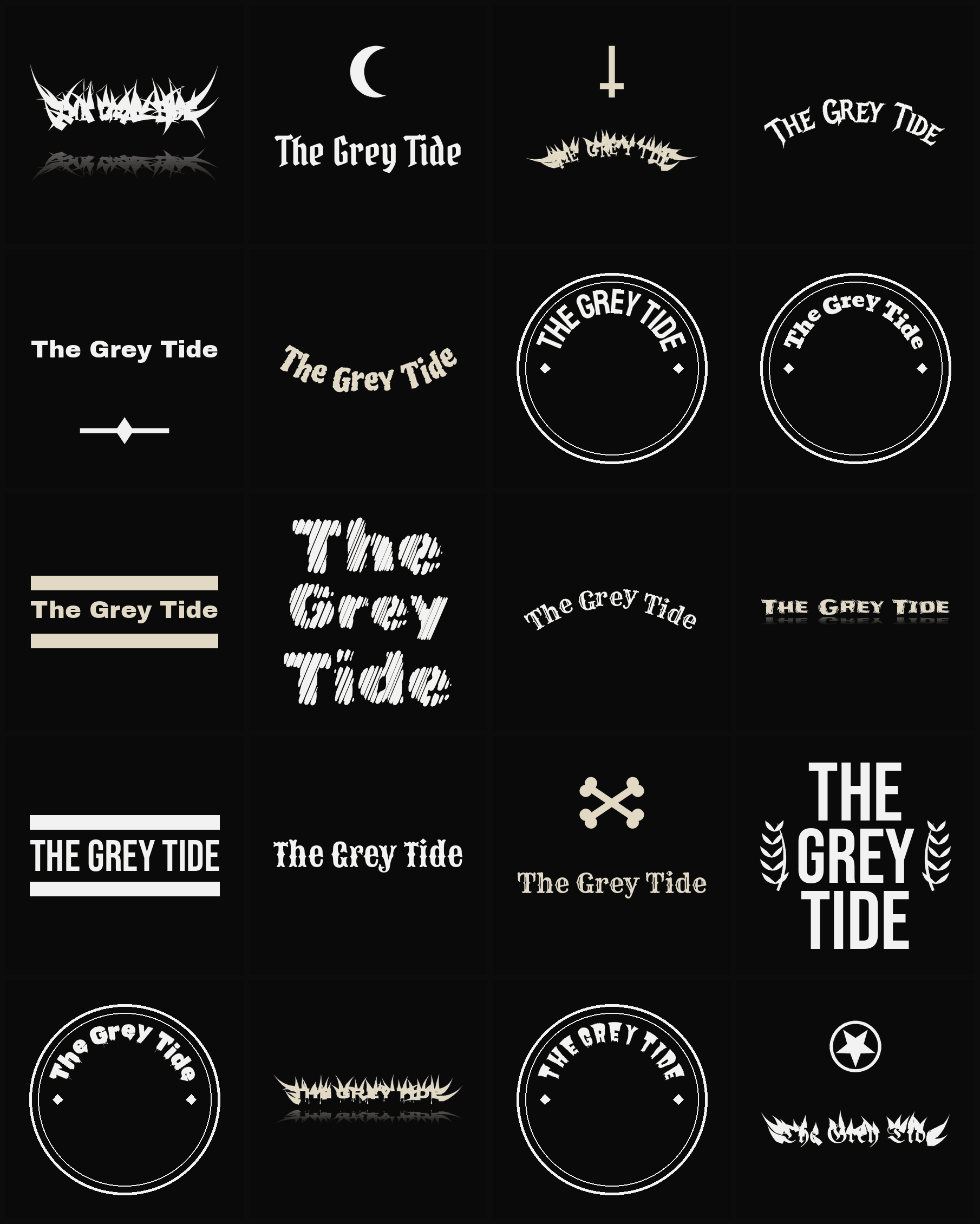 Twenty The Grey Tide band logo ideas — different faces, treatments and spike settings
