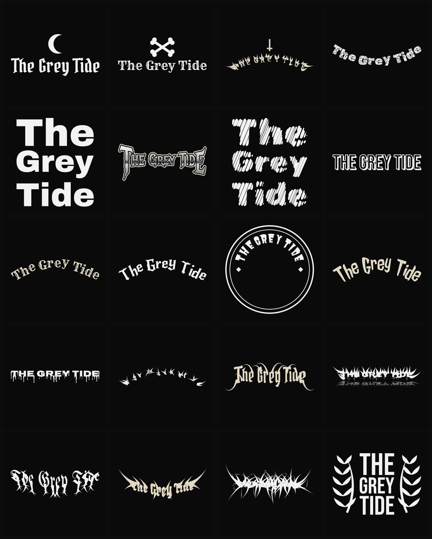 Twenty The Grey Tide band logo ideas — different faces, treatments and spike settings