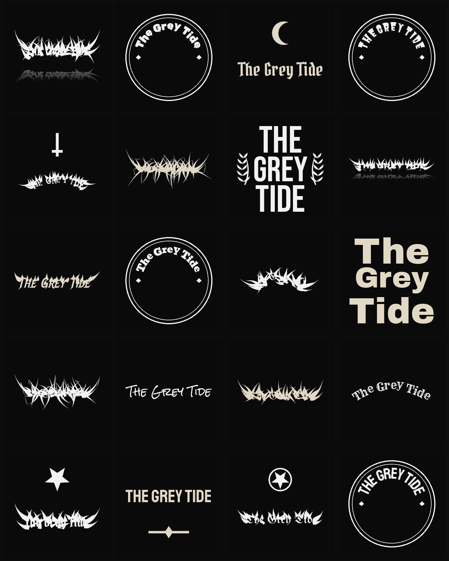 Twenty The Grey Tide band logo ideas — different faces, treatments and spike settings