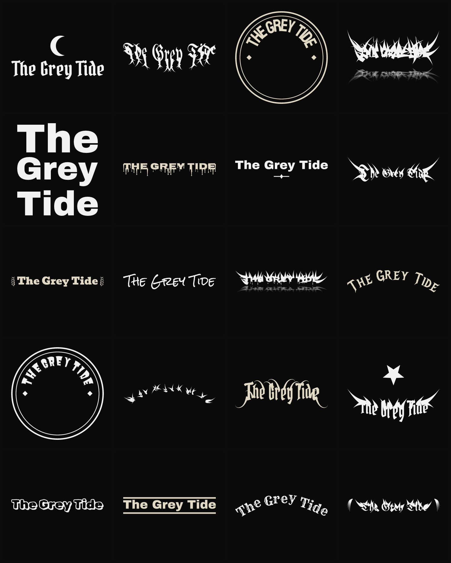 Twenty The Grey Tide band logo ideas — different faces, treatments and spike settings
