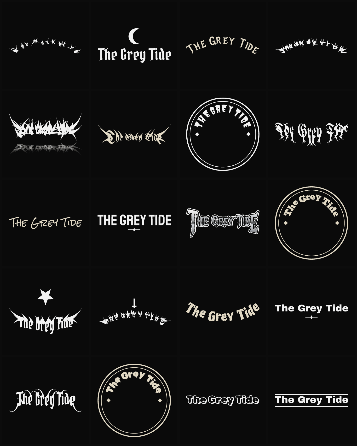Twenty The Grey Tide band logo ideas — different faces, treatments and spike settings