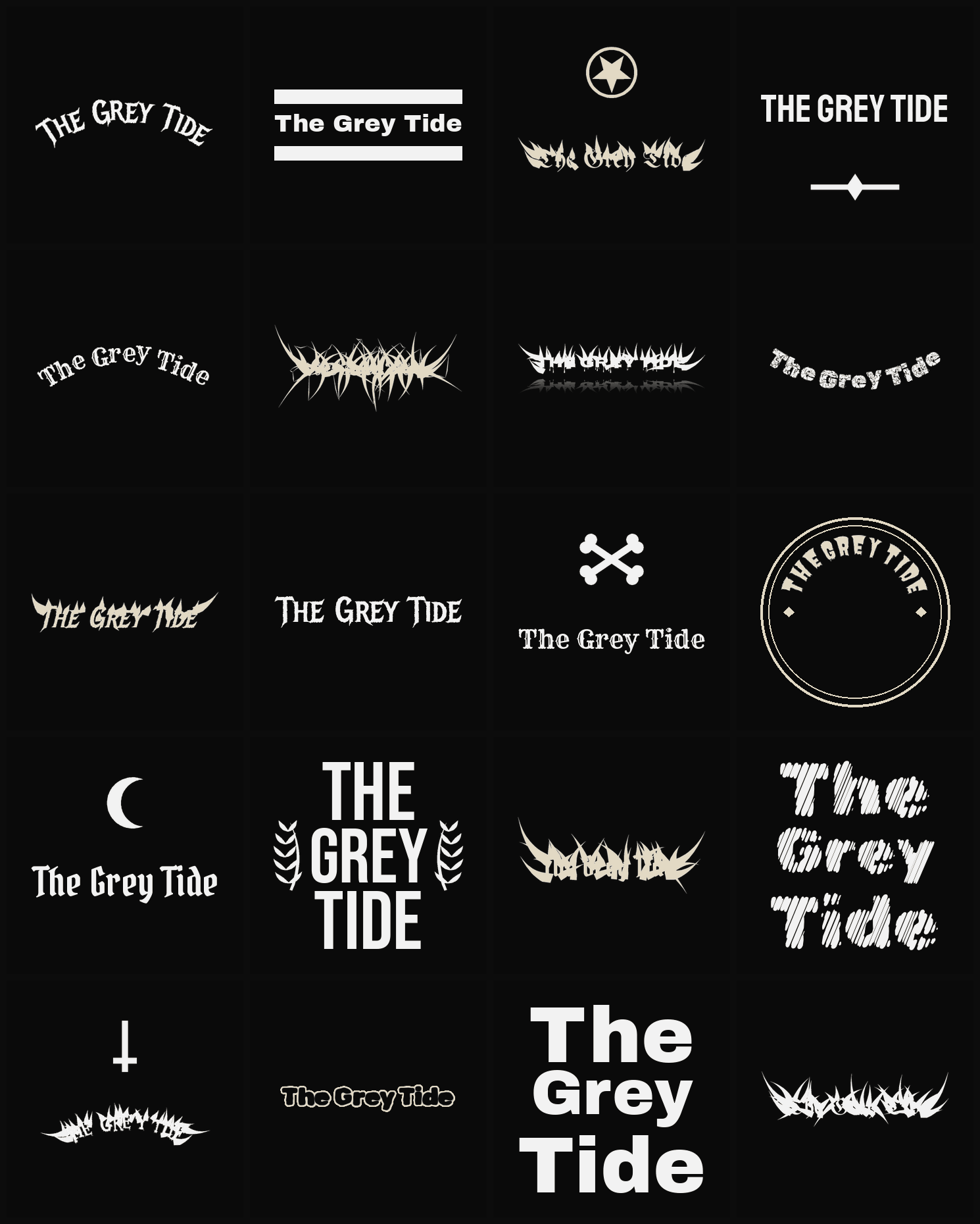 Twenty The Grey Tide band logo ideas — different faces, treatments and spike settings