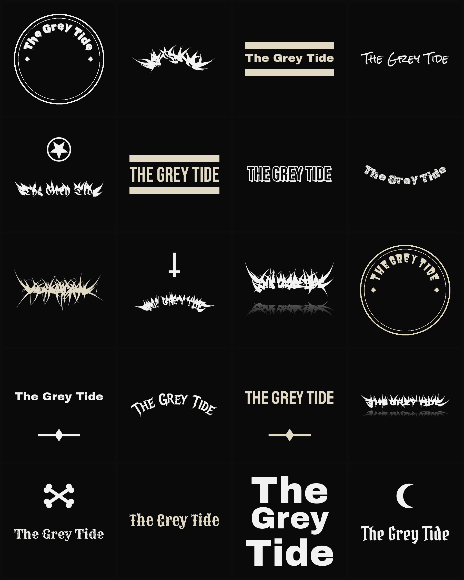 Twenty The Grey Tide band logo ideas — different faces, treatments and spike settings