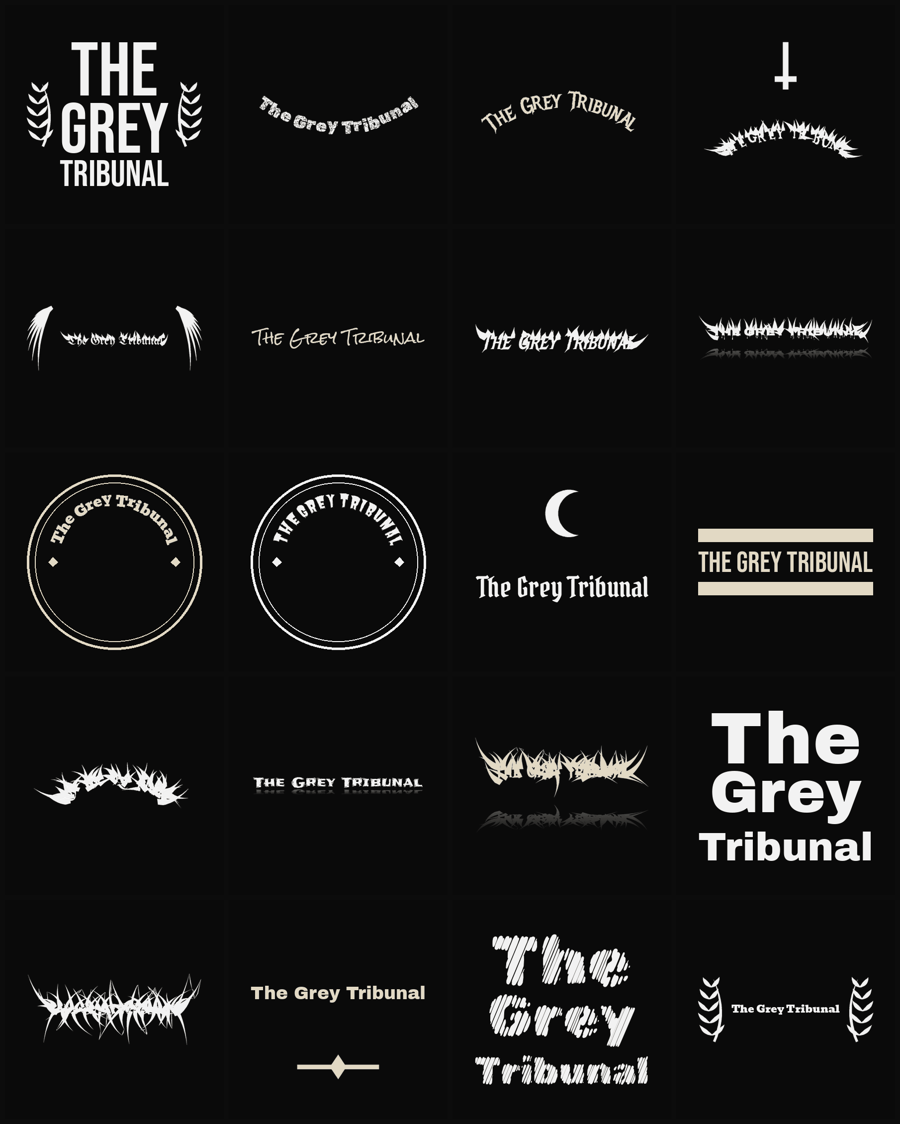 Twenty The Grey Tribunal band logo ideas — different faces, treatments and spike settings