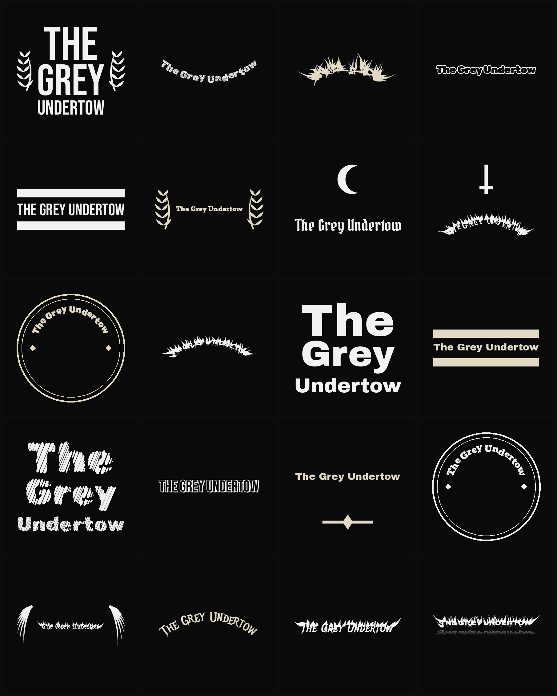 Twenty The Grey Undertow band logo ideas — different faces, treatments and spike settings