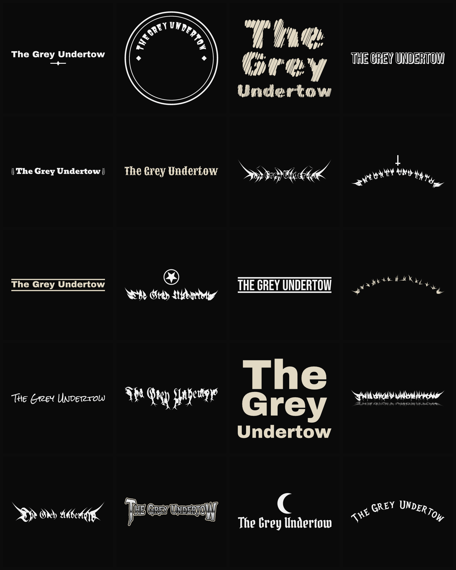 Twenty The Grey Undertow band logo ideas — different faces, treatments and spike settings