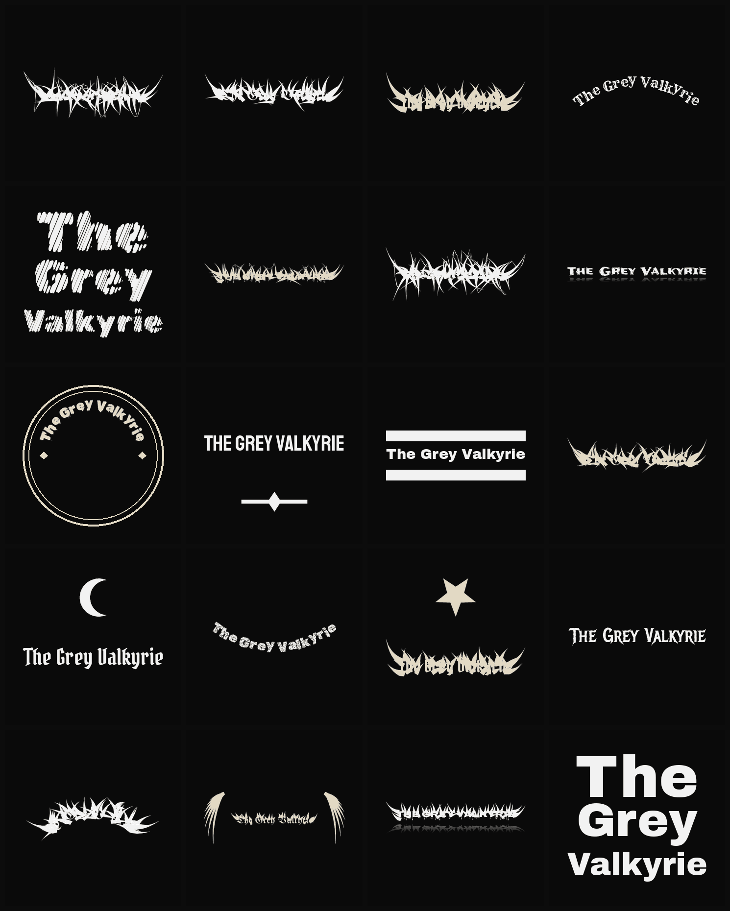Twenty The Grey Valkyrie band logo ideas — different faces, treatments and spike settings