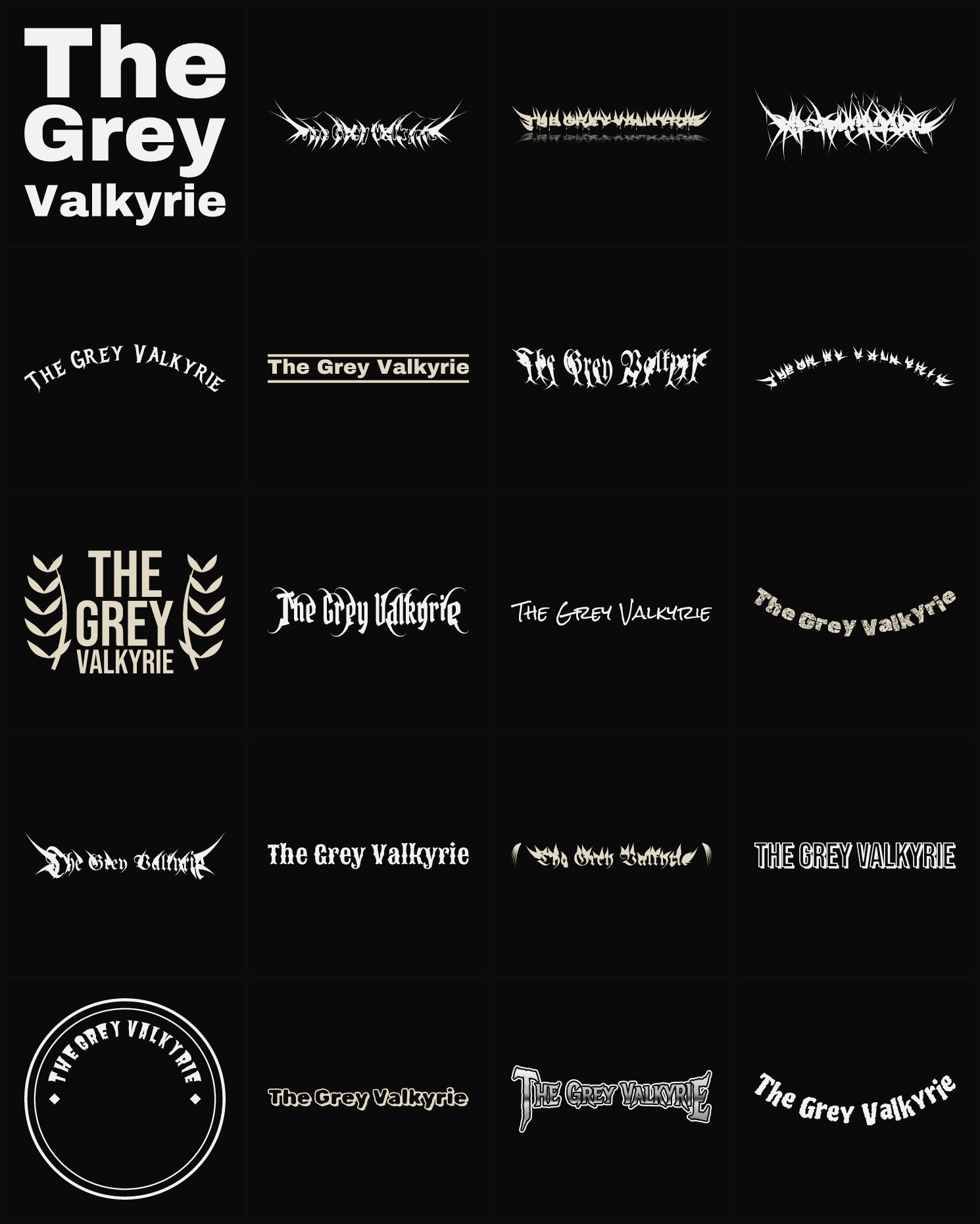 Twenty The Grey Valkyrie band logo ideas — different faces, treatments and spike settings