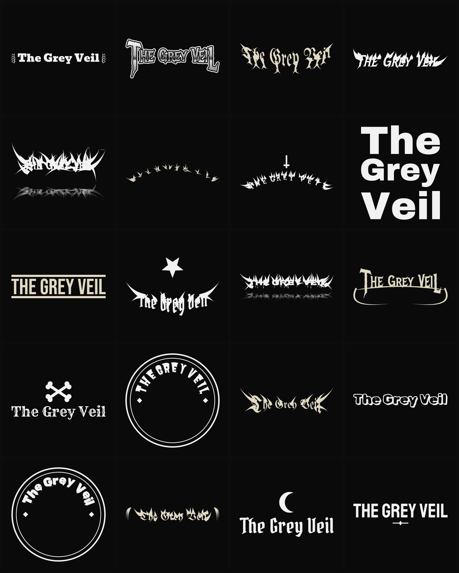 Twenty The Grey Veil band logo ideas — different faces, treatments and spike settings