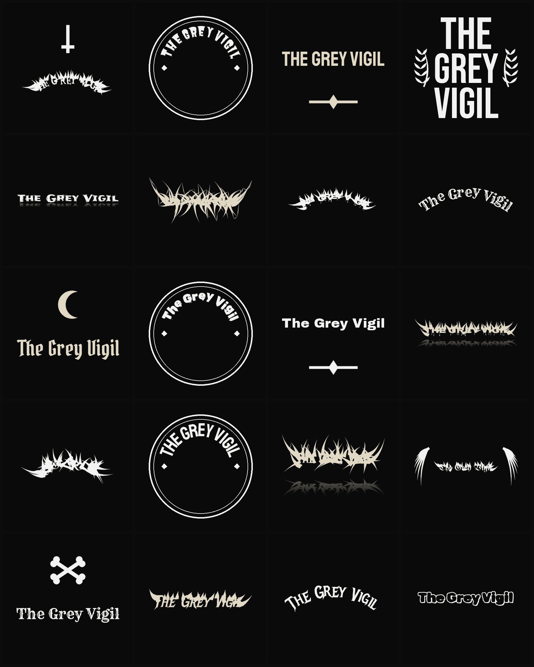 Twenty The Grey Vigil band logo ideas — different faces, treatments and spike settings